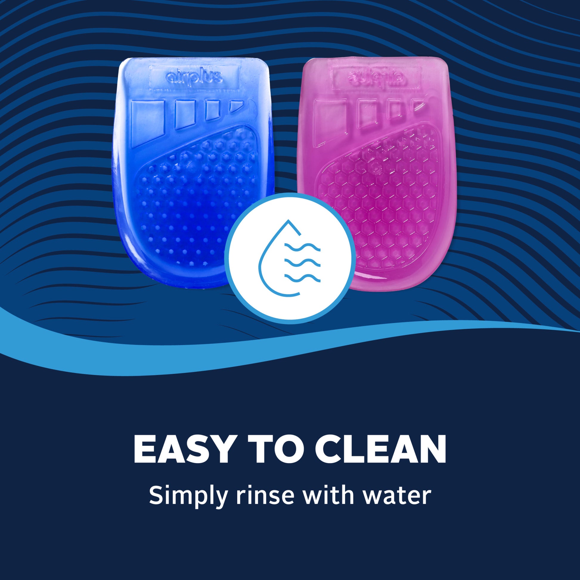 Blue and pink ice packs are shown on a wavy blue background with a water rinse icon and the text easy to clean.