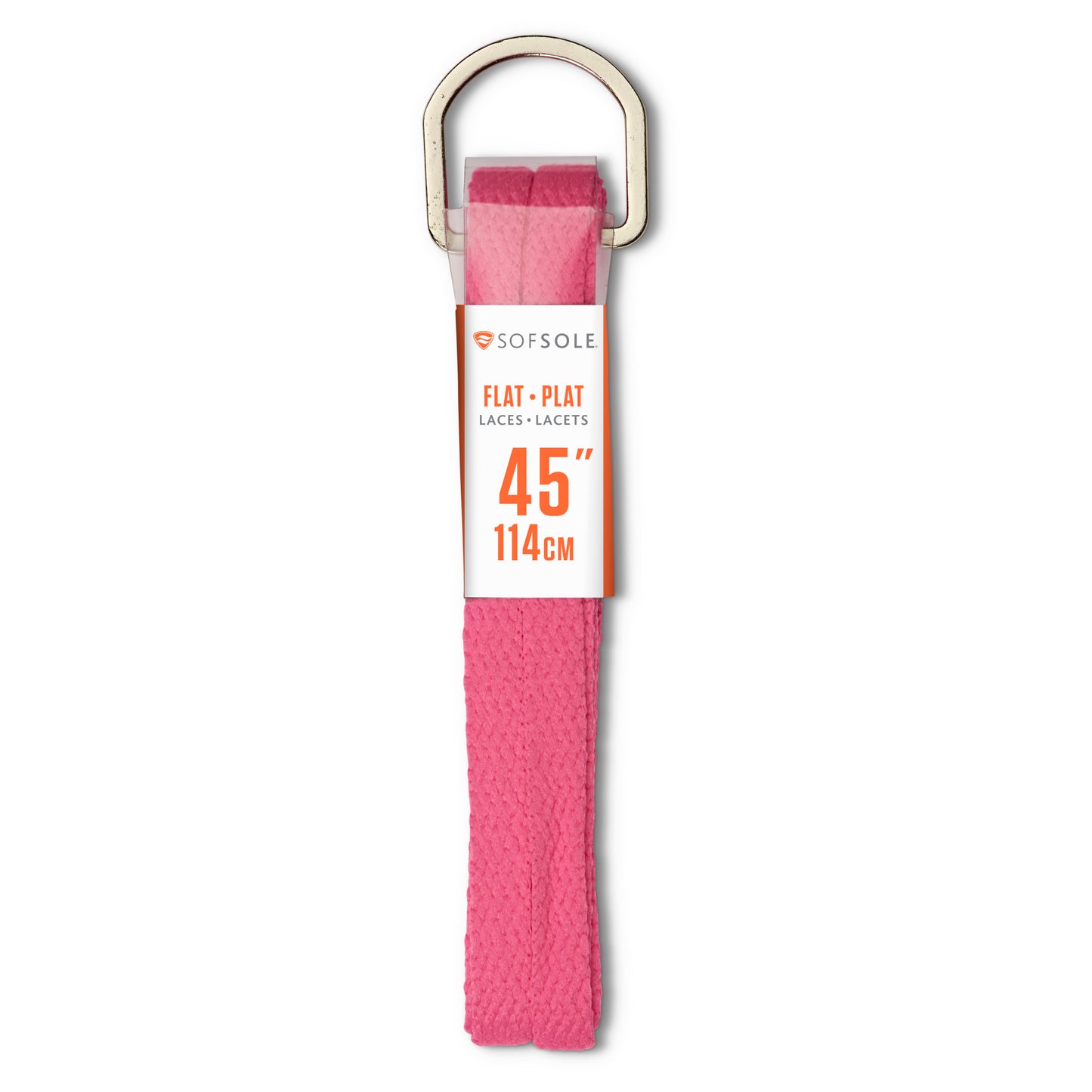 A pink flat lanyard is attached to a metal ring for holding or attaching items in a retail package.