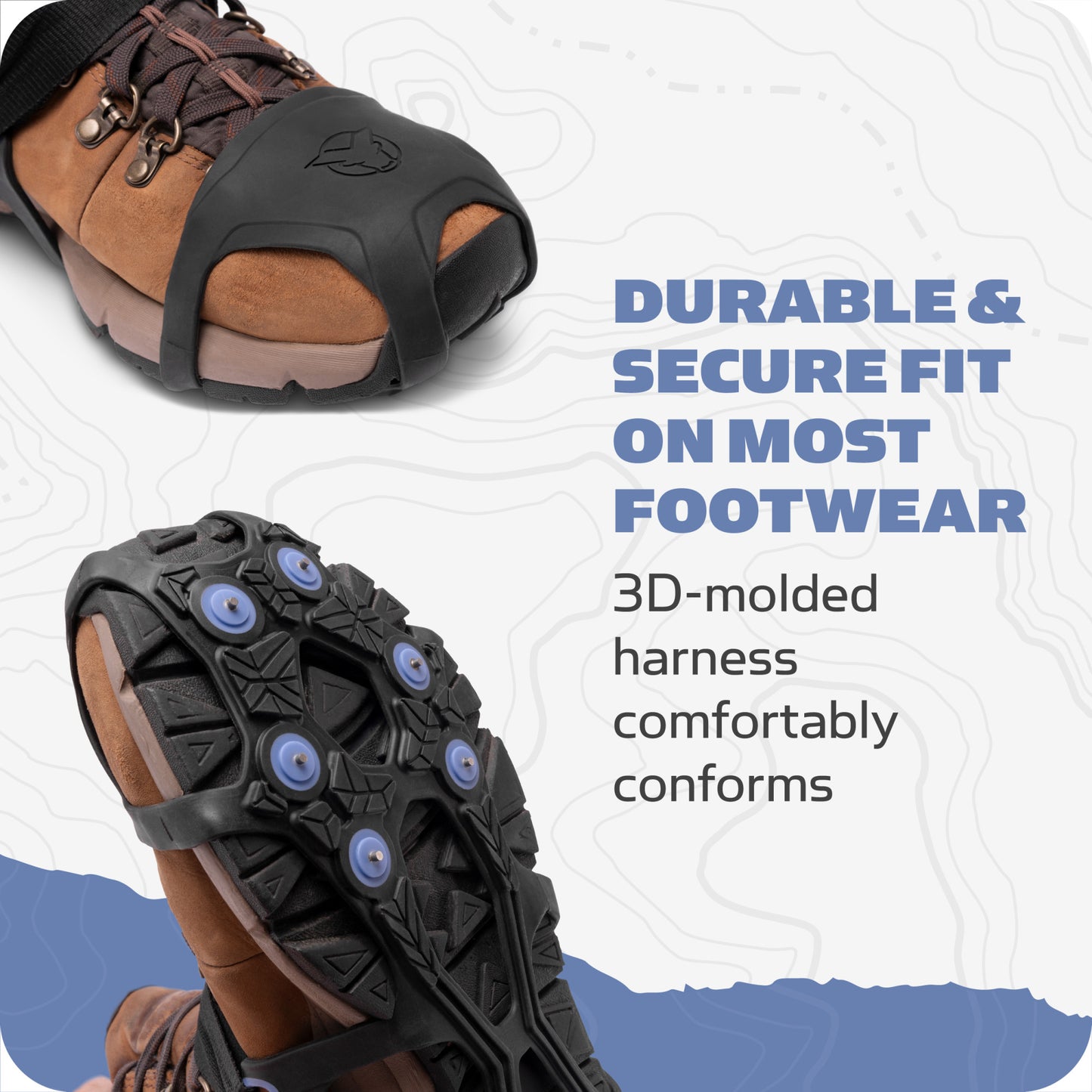 Traction cleats attach to a boot, providing grip on a contour map background.