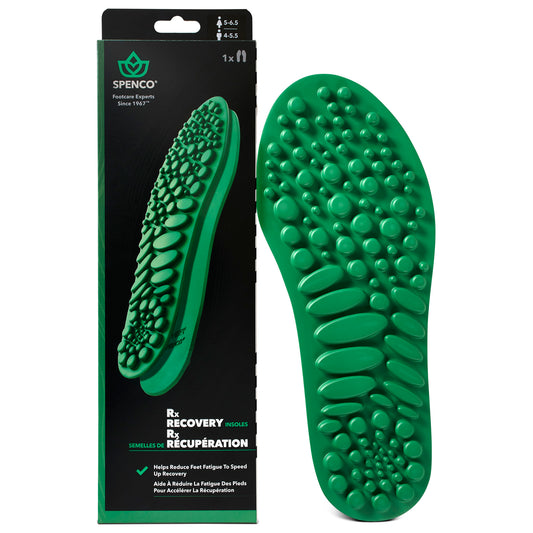 Green insoles help reduce foot fatigue on black packaging in a retail environment