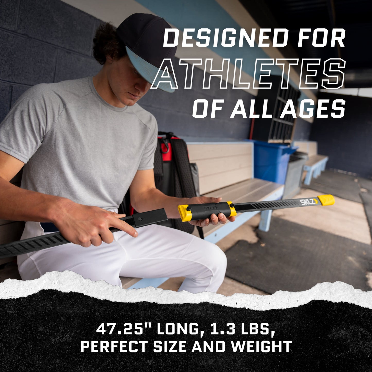 A young man inspects a garden tool on a bench outdoors with text highlighting its features.