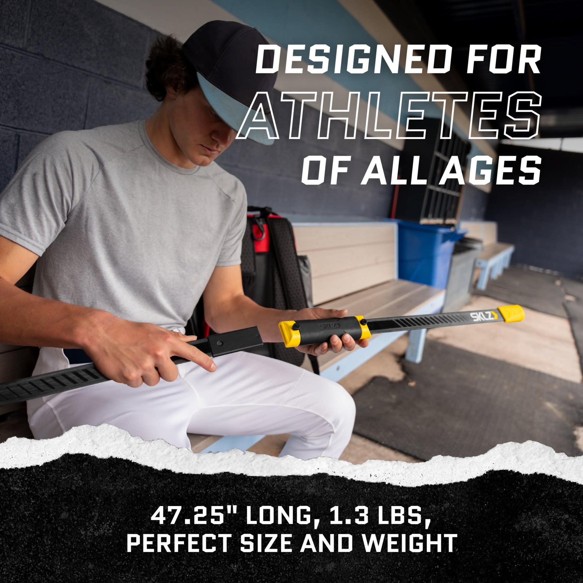 A young man inspects a garden tool on a bench outdoors with text highlighting its features.