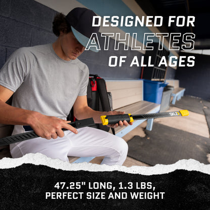 A young man inspects a garden tool on a bench outdoors with text highlighting its features.