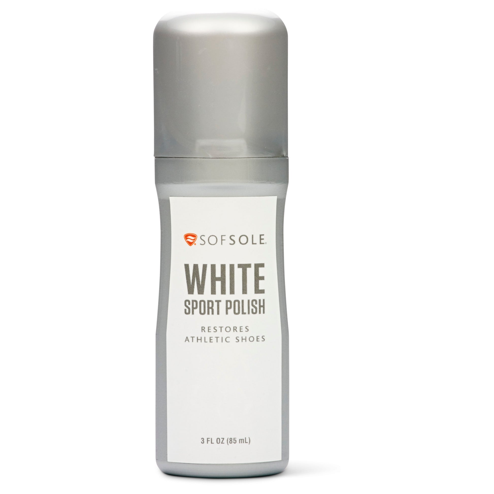 A bottle of SOFsole White Sport Polish restores athletic shoes in a plain environment.