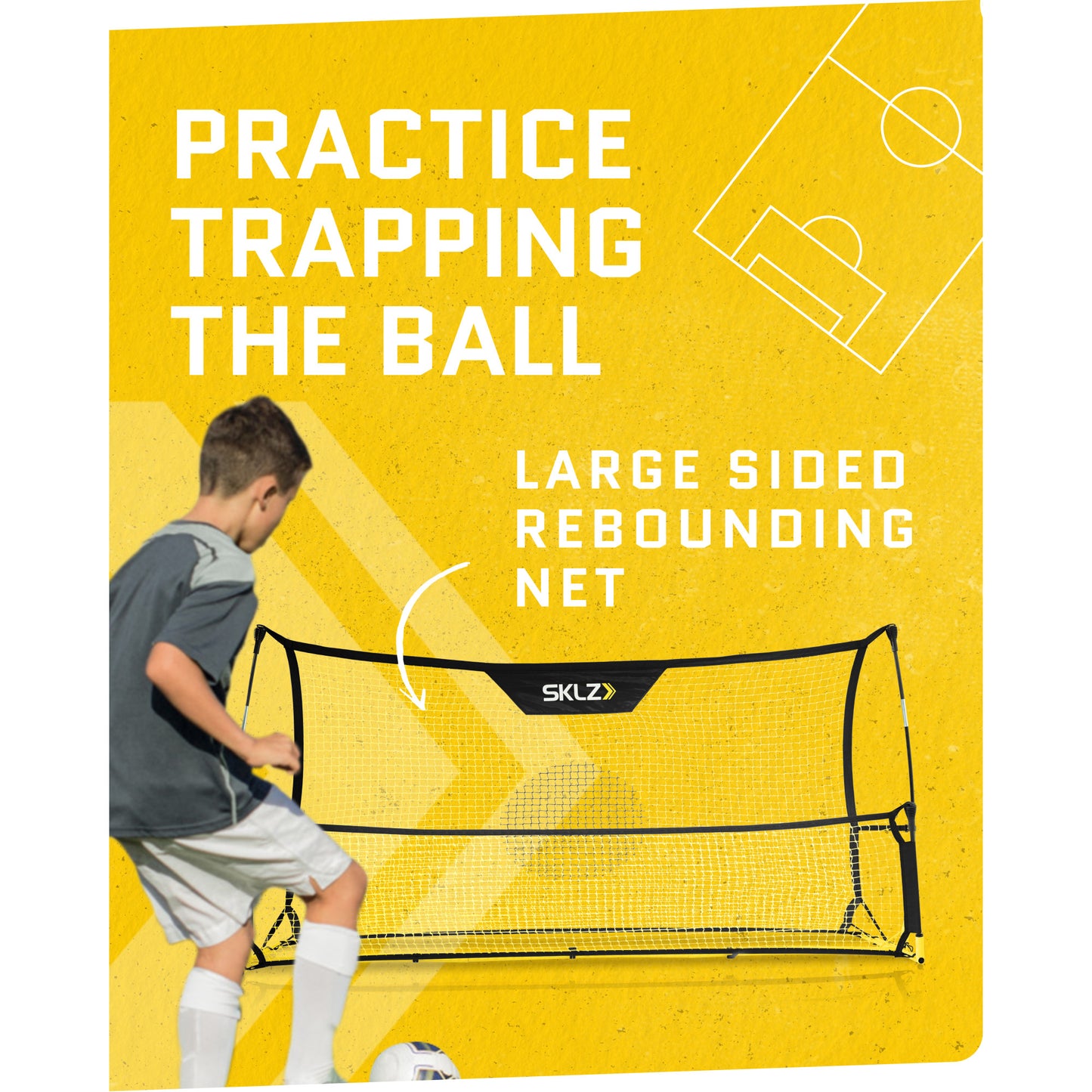 Young player practices trapping the ball with a large rebound net on a yellow background