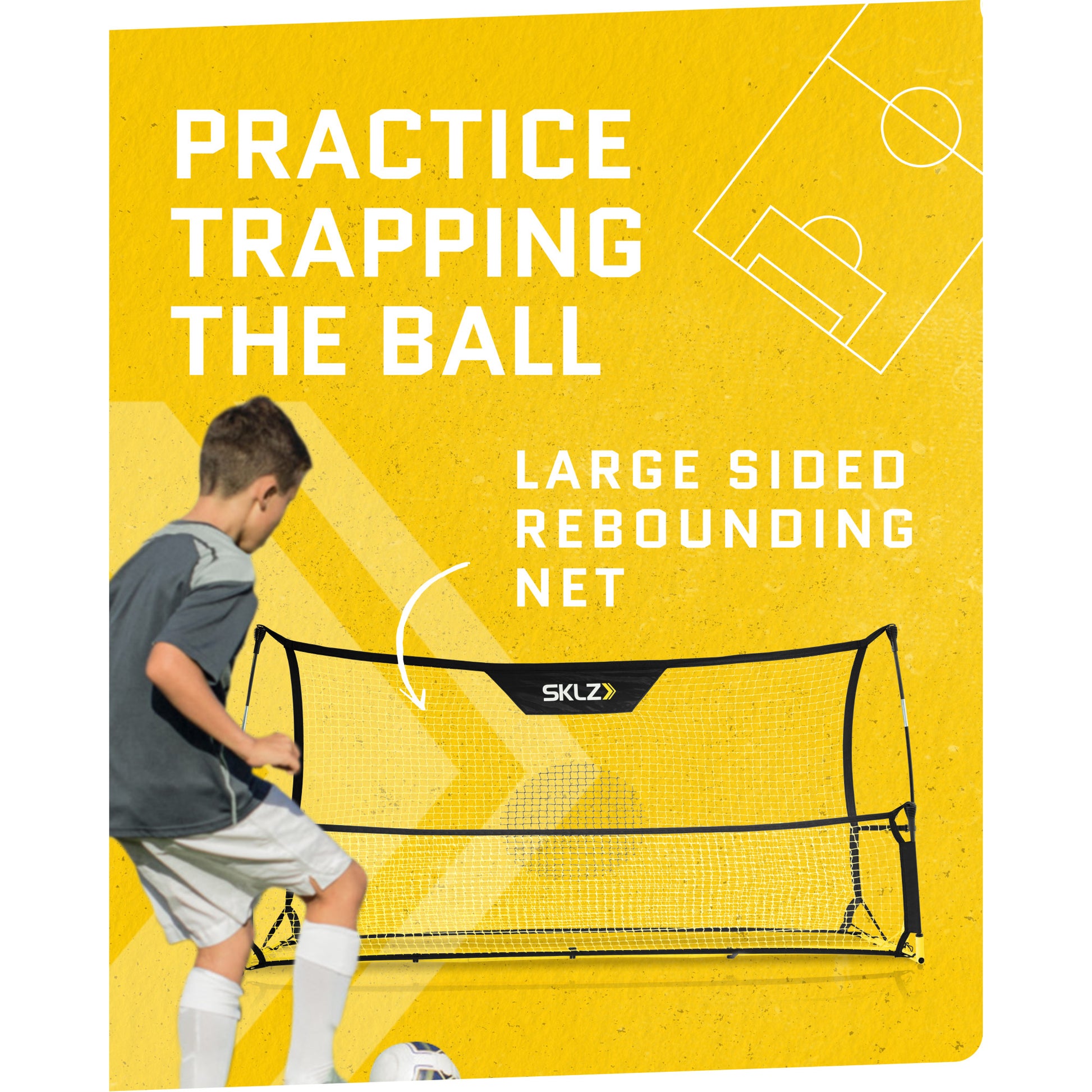 Young player practices trapping the ball with a large rebound net on a yellow background