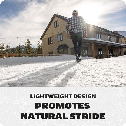 A person walks on snow outside a house during sunlight with text promoting lightweight design for natural stride