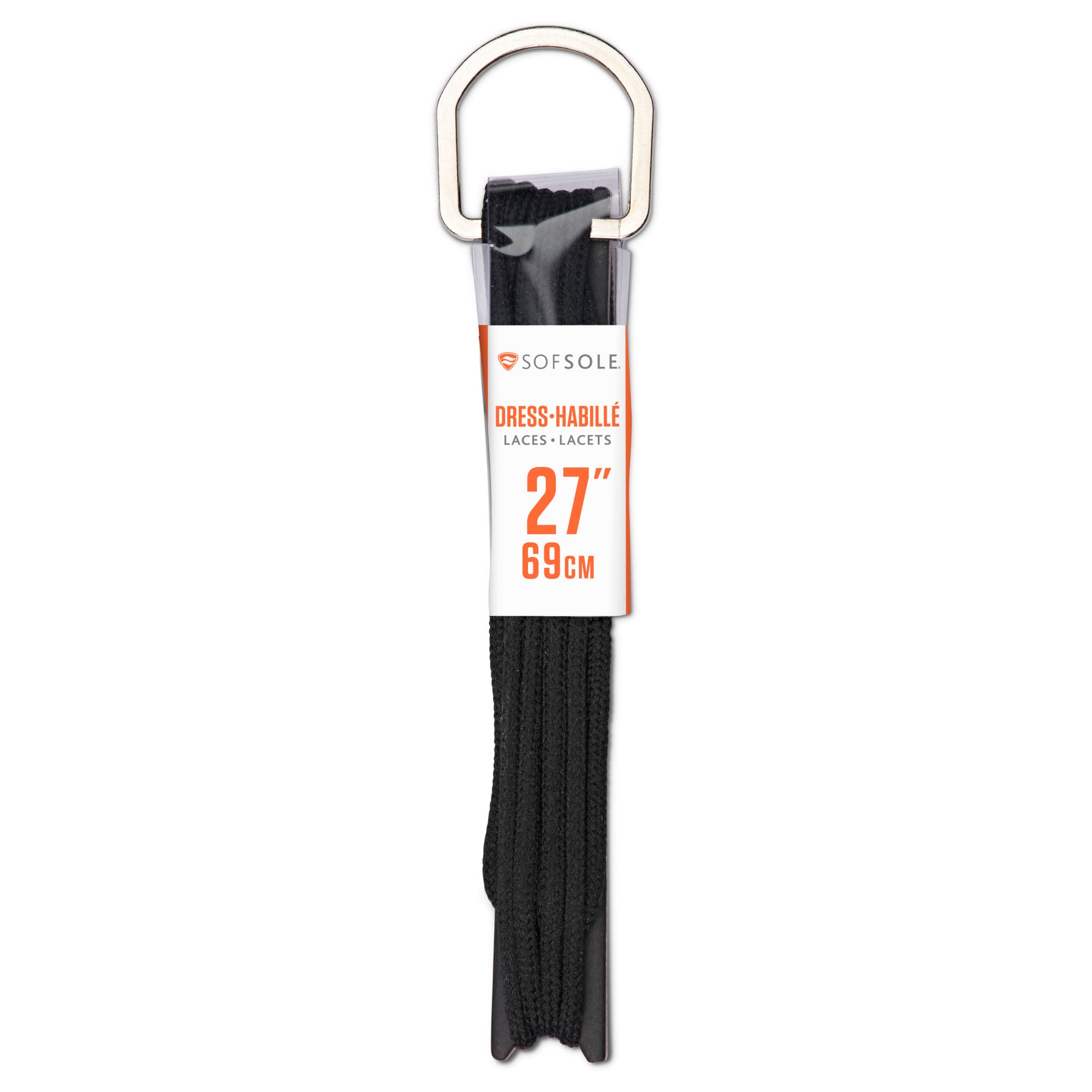 Lace end displays as 27 inch long laces on a black shoelace with a metal ring for tying.