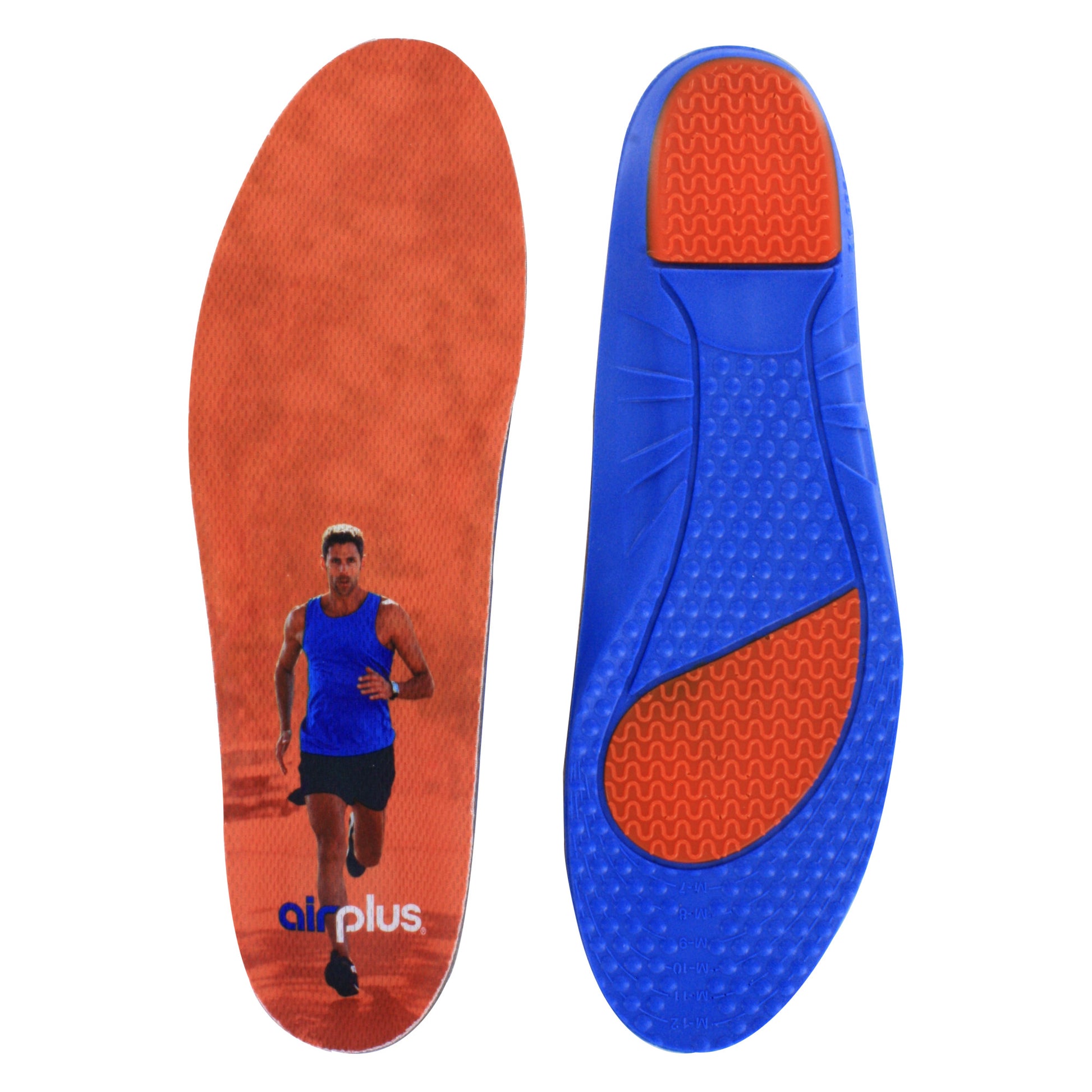 Running shoe sole features a runner graphic in a gym environment