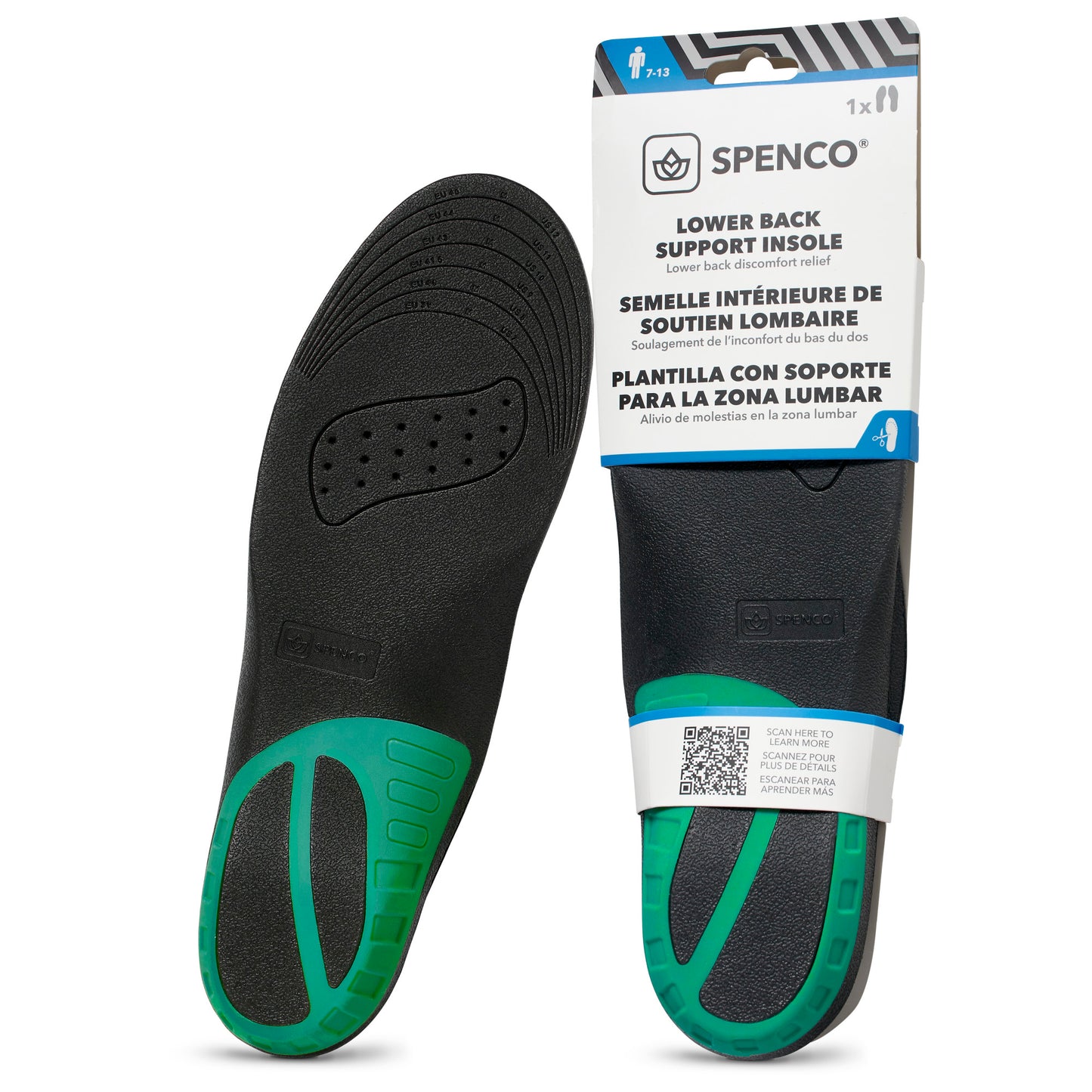 Insoles displayed; black with green padding; supportive, packaged for lower back relief.