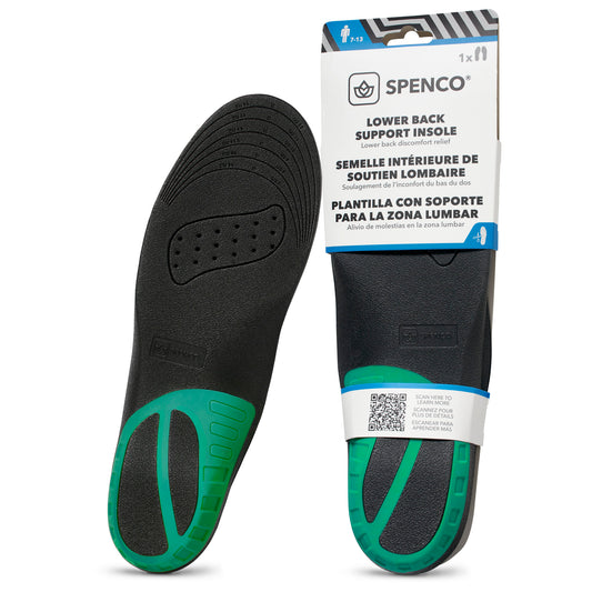 Insoles displayed; black with green padding; supportive, packaged for lower back relief.