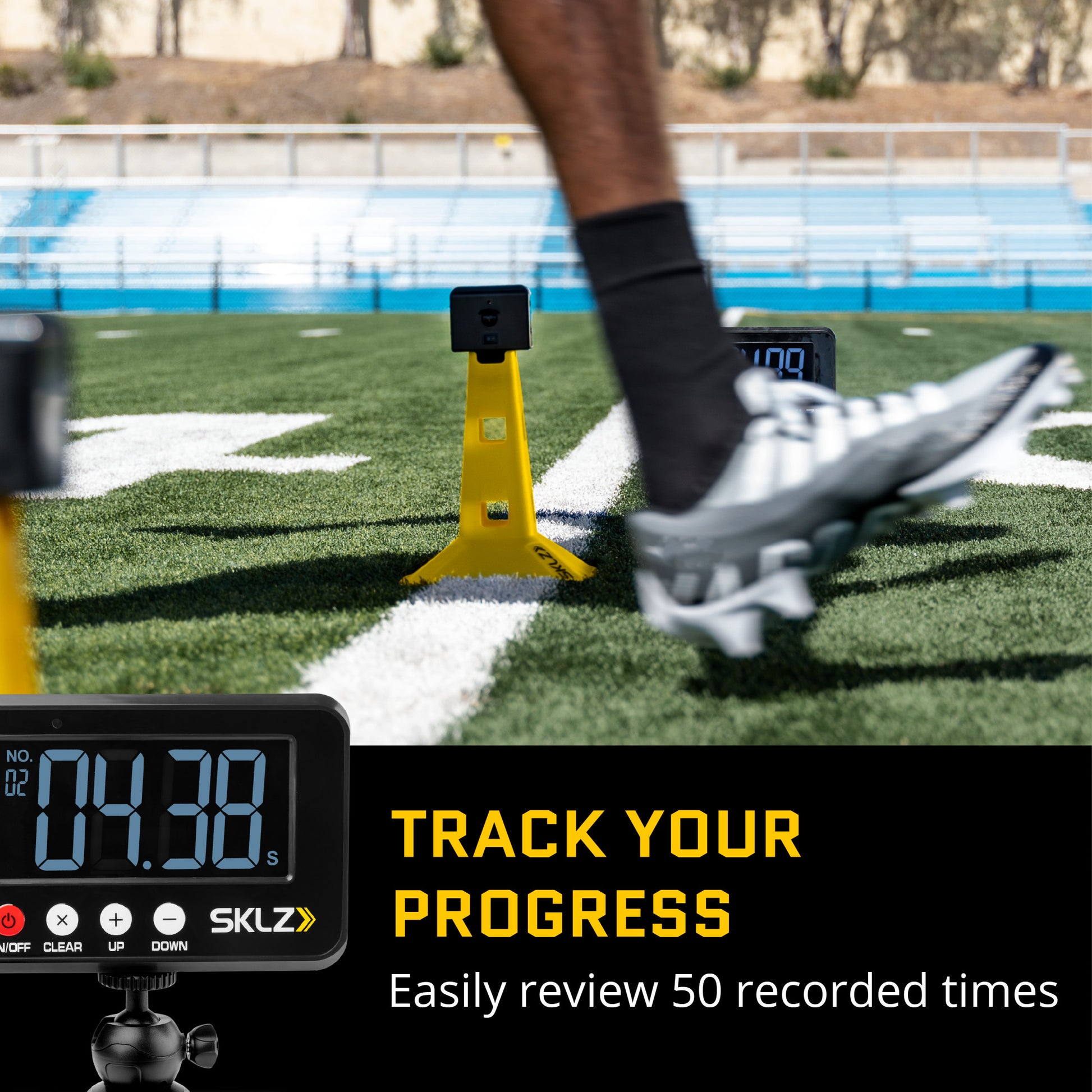 A stopwatch on a track records running time for training or competition analysis