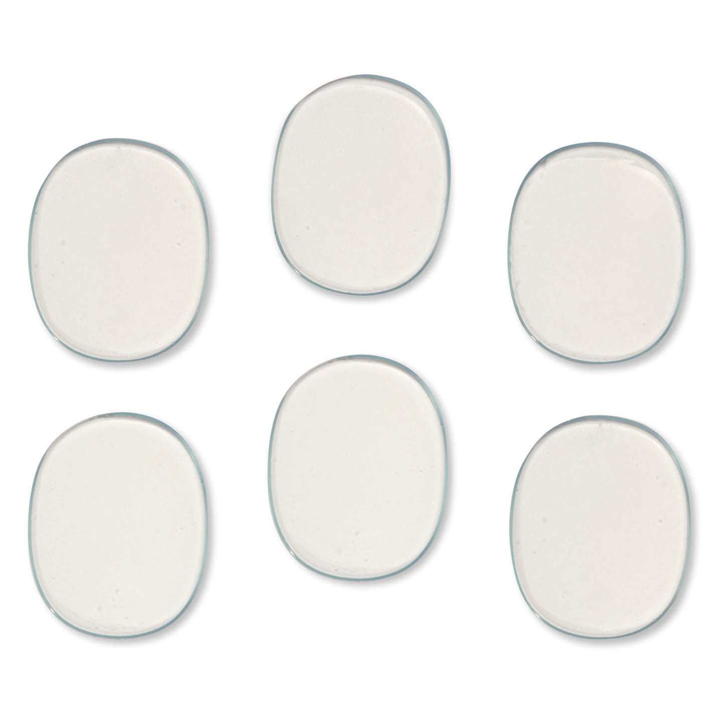 Six white oval objects are arranged on a white background.