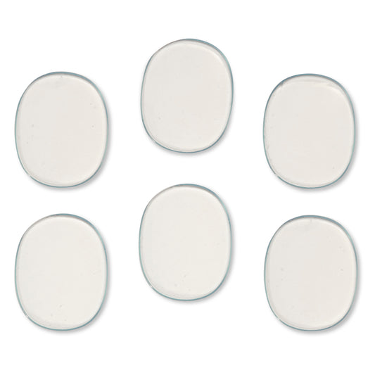 Six white oval objects are arranged on a white background.