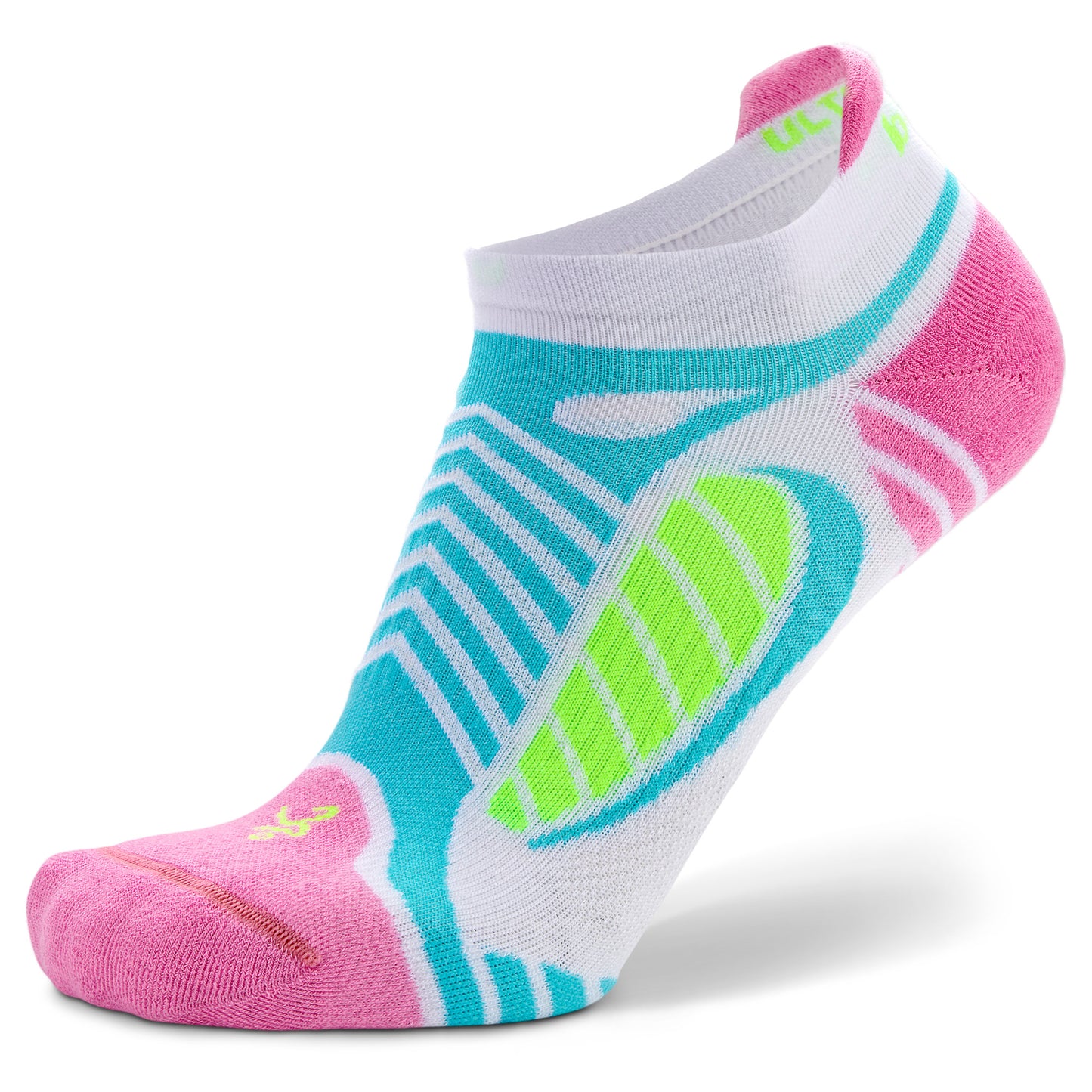 A colorful athletic sock displays in a close-up on a white background.