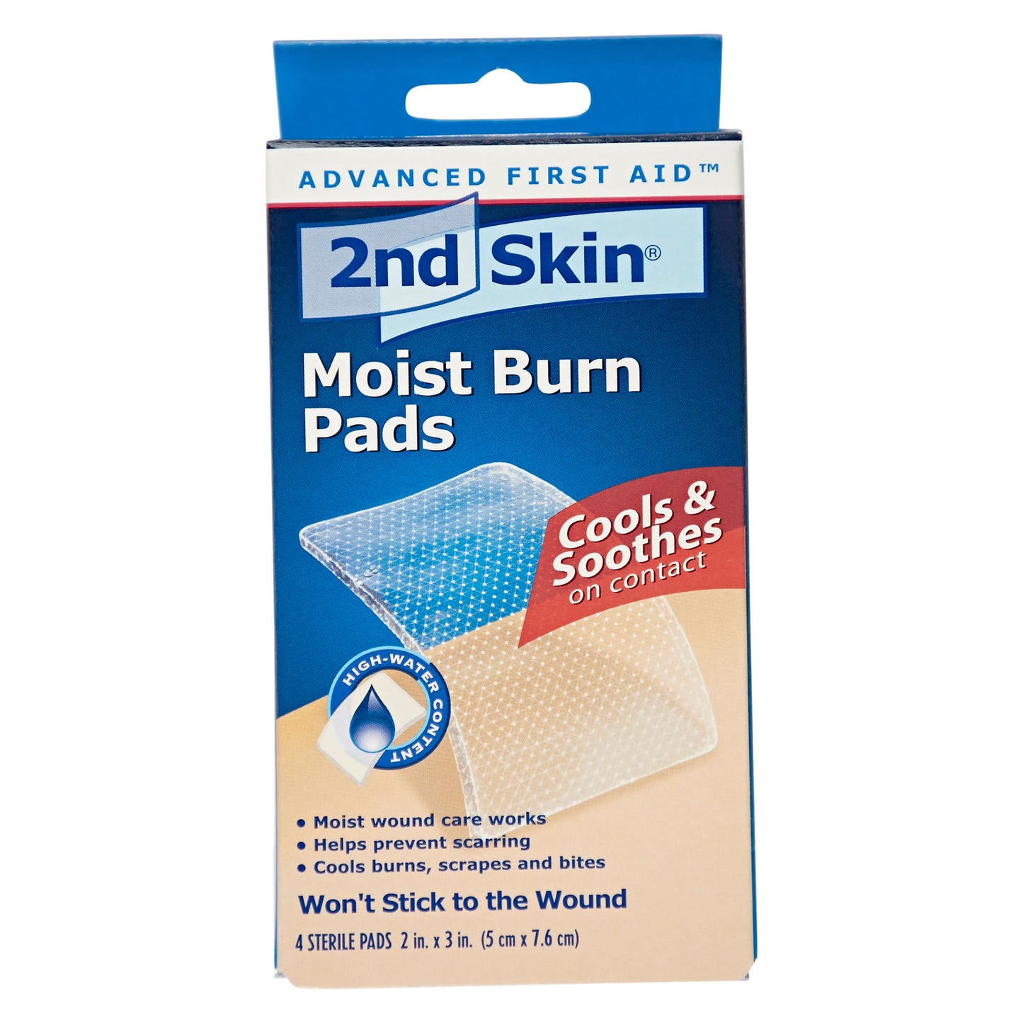 Moisture-absorbing burn pads cool and soothe skin on contact in first aid kit.