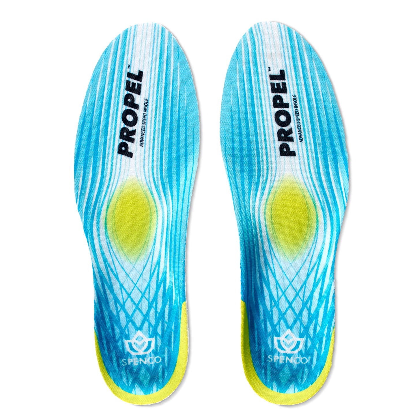 The insoles are placed on a white background, displaying their blue and yellow design.