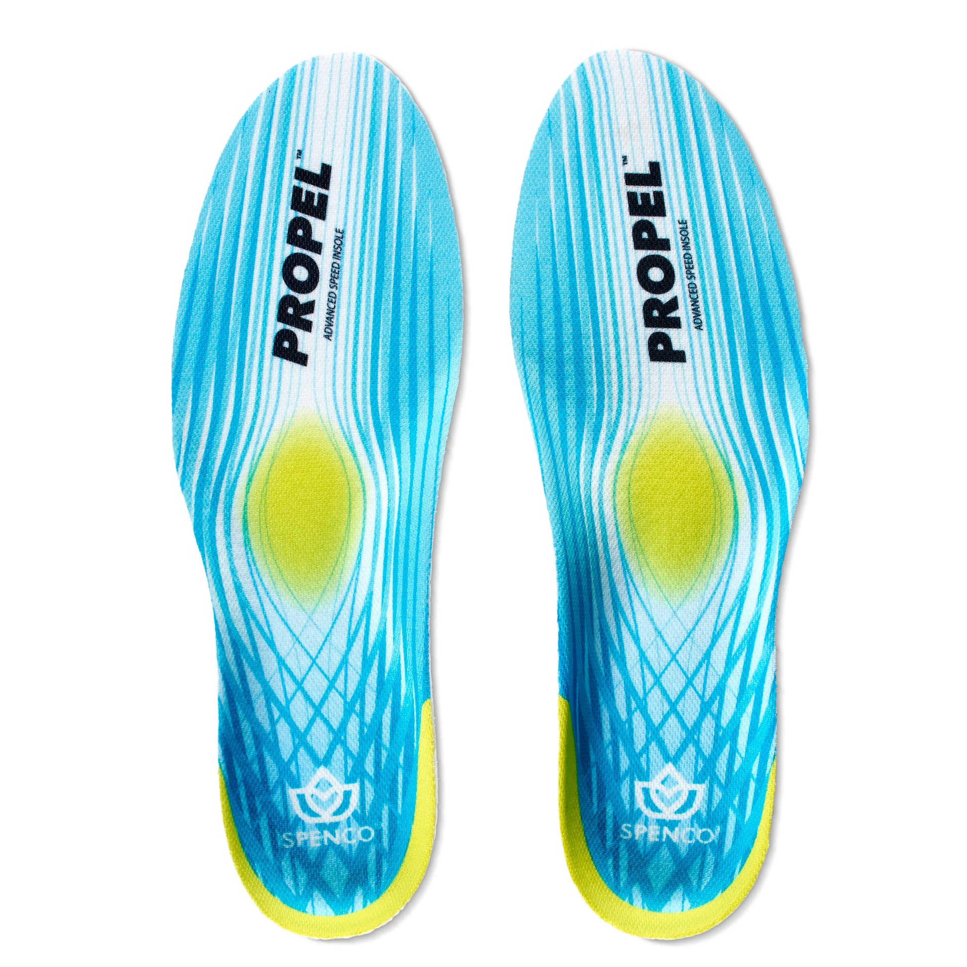 The insoles are placed on a white background, displaying their blue and yellow design.