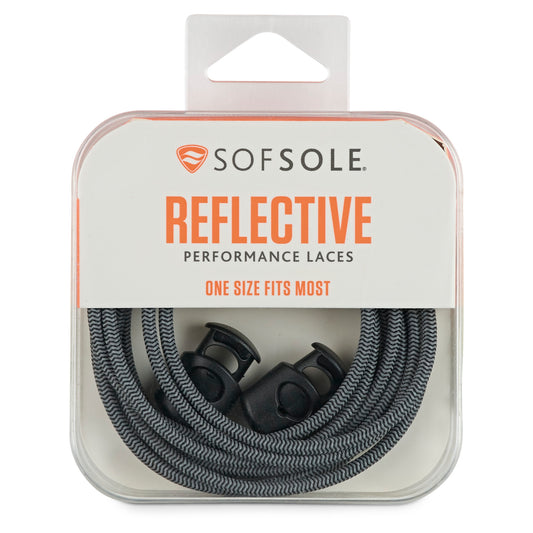 Reflective performance laces loop around in packaging for visibility and safety.