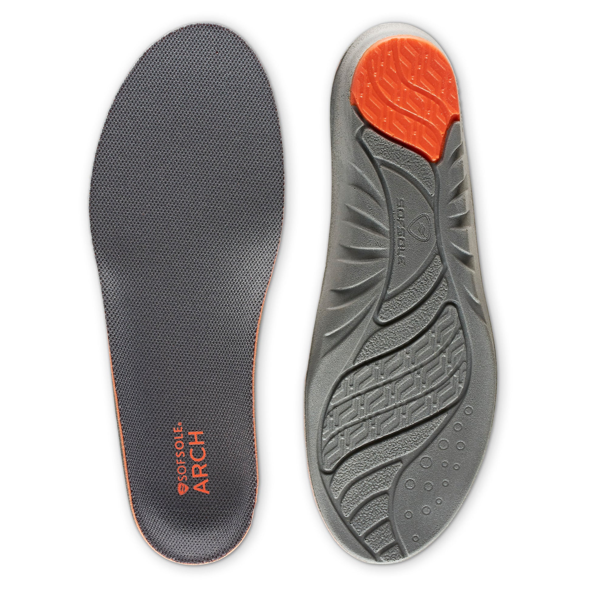 Shoe insoles are oriented side by side in gray and orange with a neutral background.