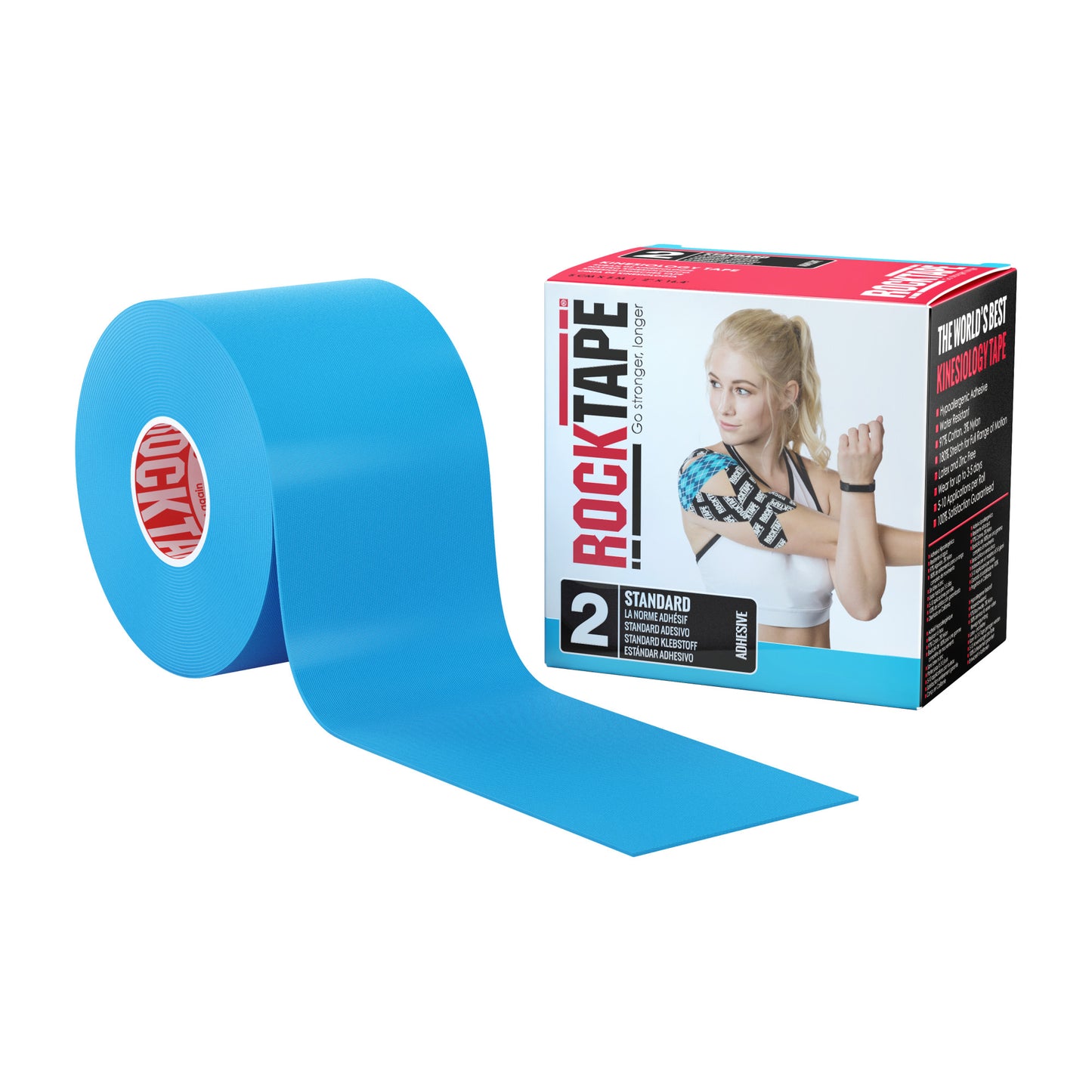 The blue rock tape is displayed next to its packaging in a white background environment.