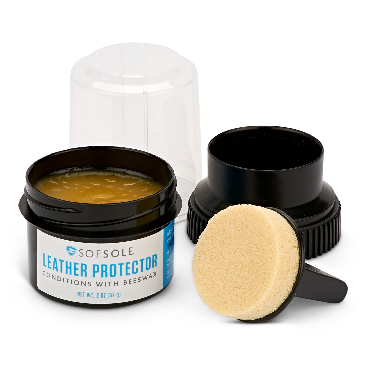 Leather protector applies conditioner with sponge to protect leather in a container.