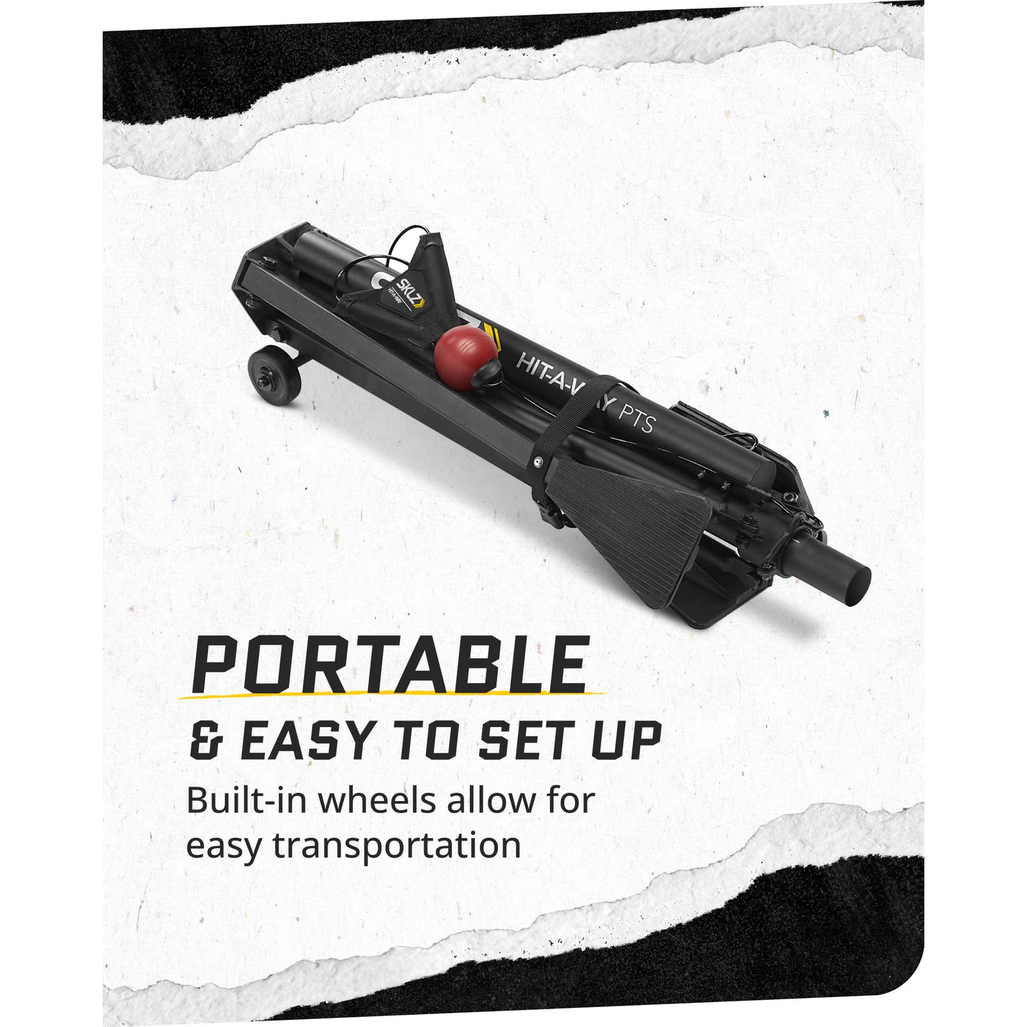 Fold up view of the SKLZ Cricket Bat-a-Way PTS swing trainer on a white background with overlay text highlighting portability