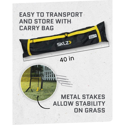 Portable soccer goal with metal stakes for stability on grass and a carry bag for transport