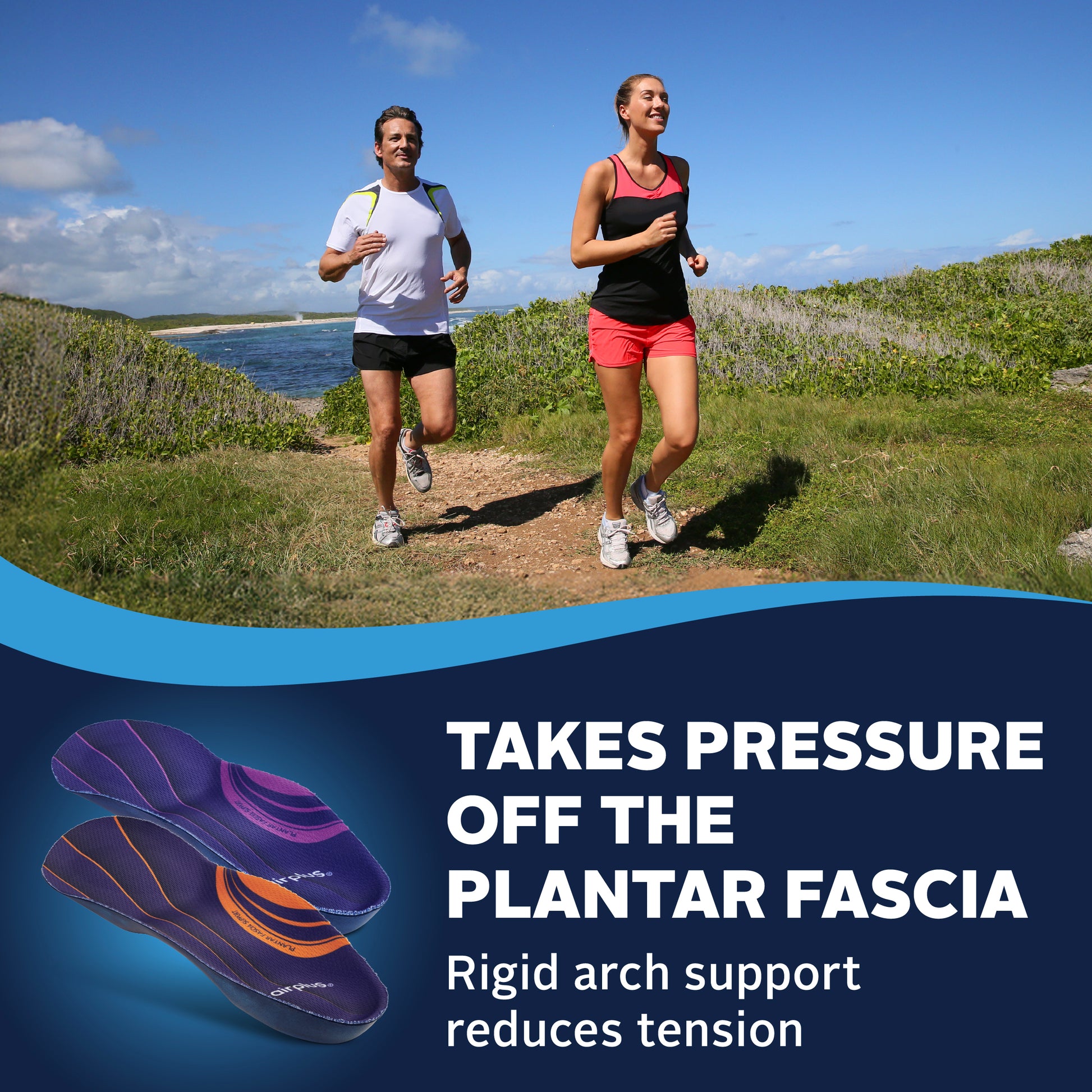 People jogging on a dirt path by the sea grassy landscape sunny day insoles in foreground.