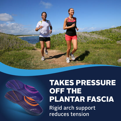 People jogging on a dirt path by the sea grassy landscape sunny day insoles in foreground.