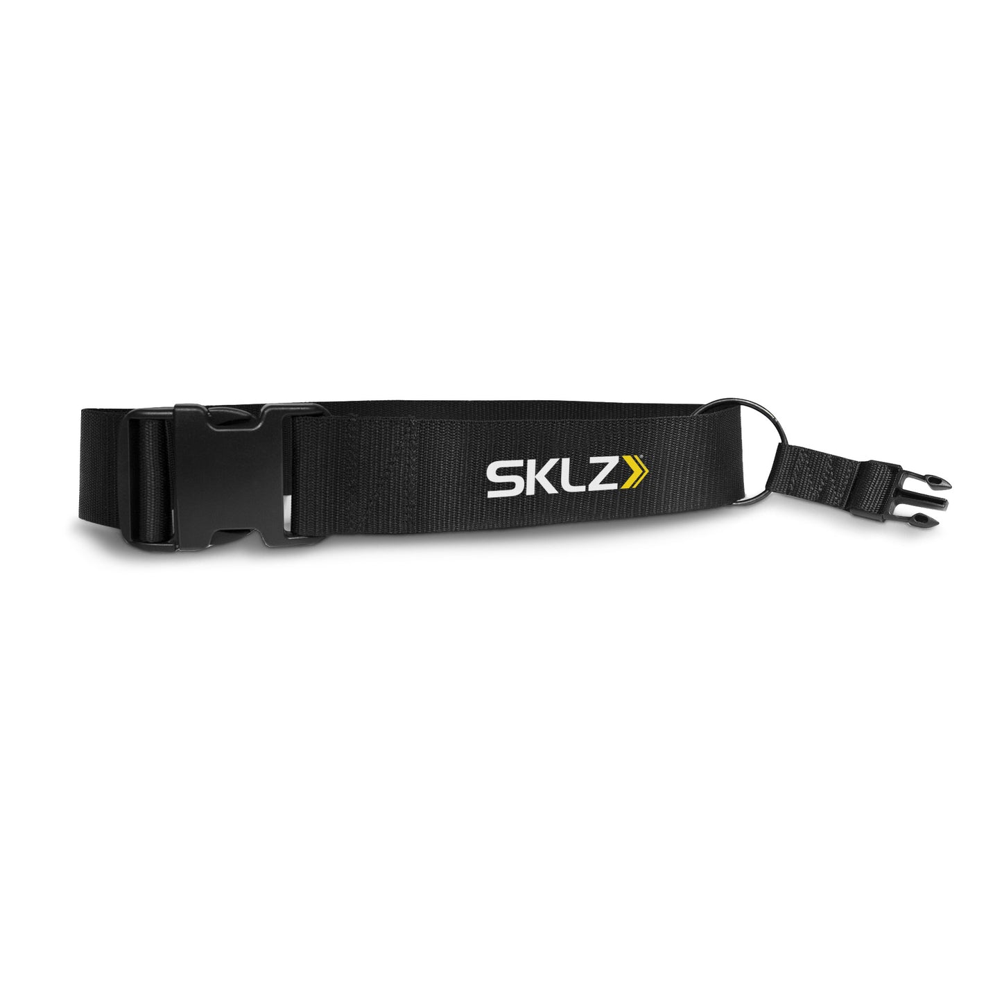 The SKLZ strap secures an object outdoors with a black adjustable strap and plastic buckle