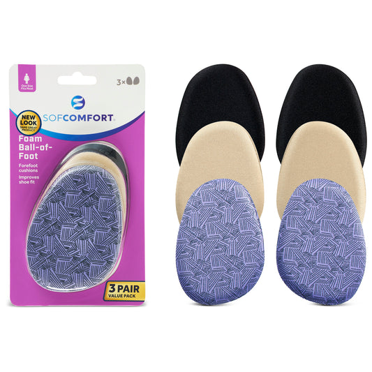Three pairs of slip-on shoe insoles are displayed next to a purple packaging, showing they are for foot comfort.