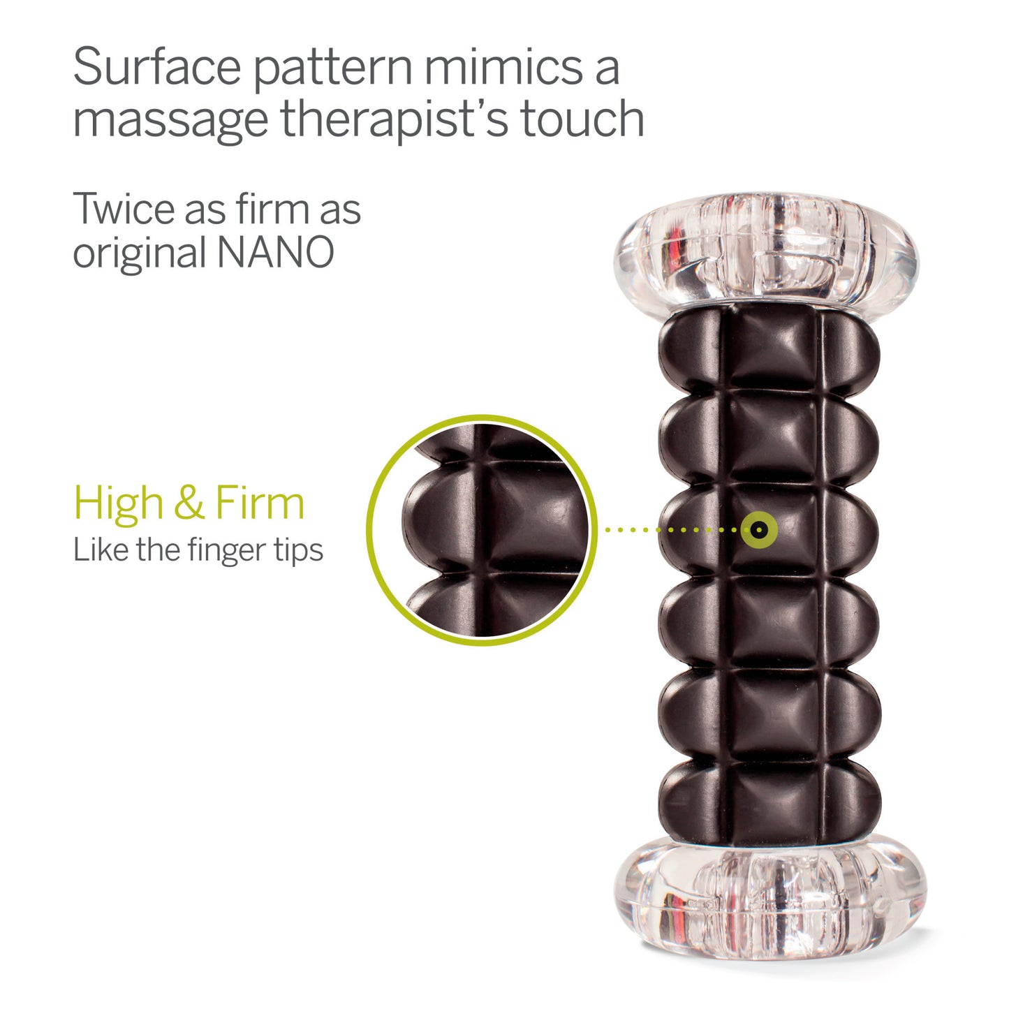 A textured massage roller mimics finger tips for firm pressure in a product display.