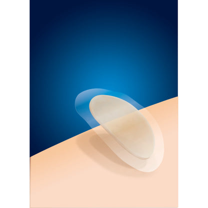 A clear contact lens floats above a surface in front of a blue gradient background.