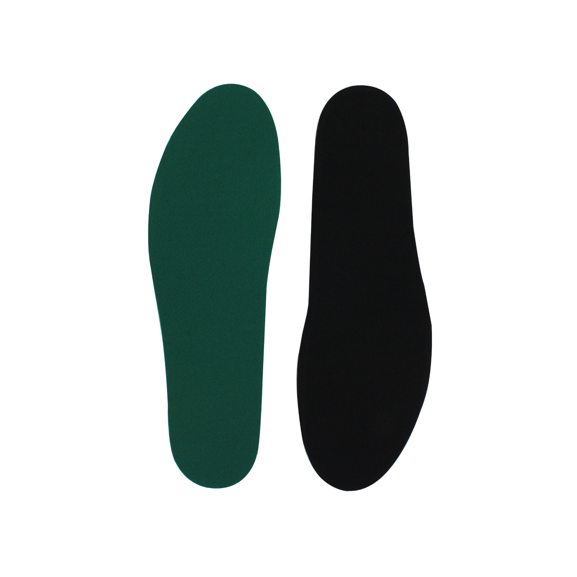 Green and black insoles are placed on a white background