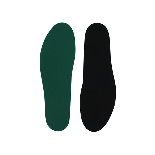 Green and black insoles are placed on a white background