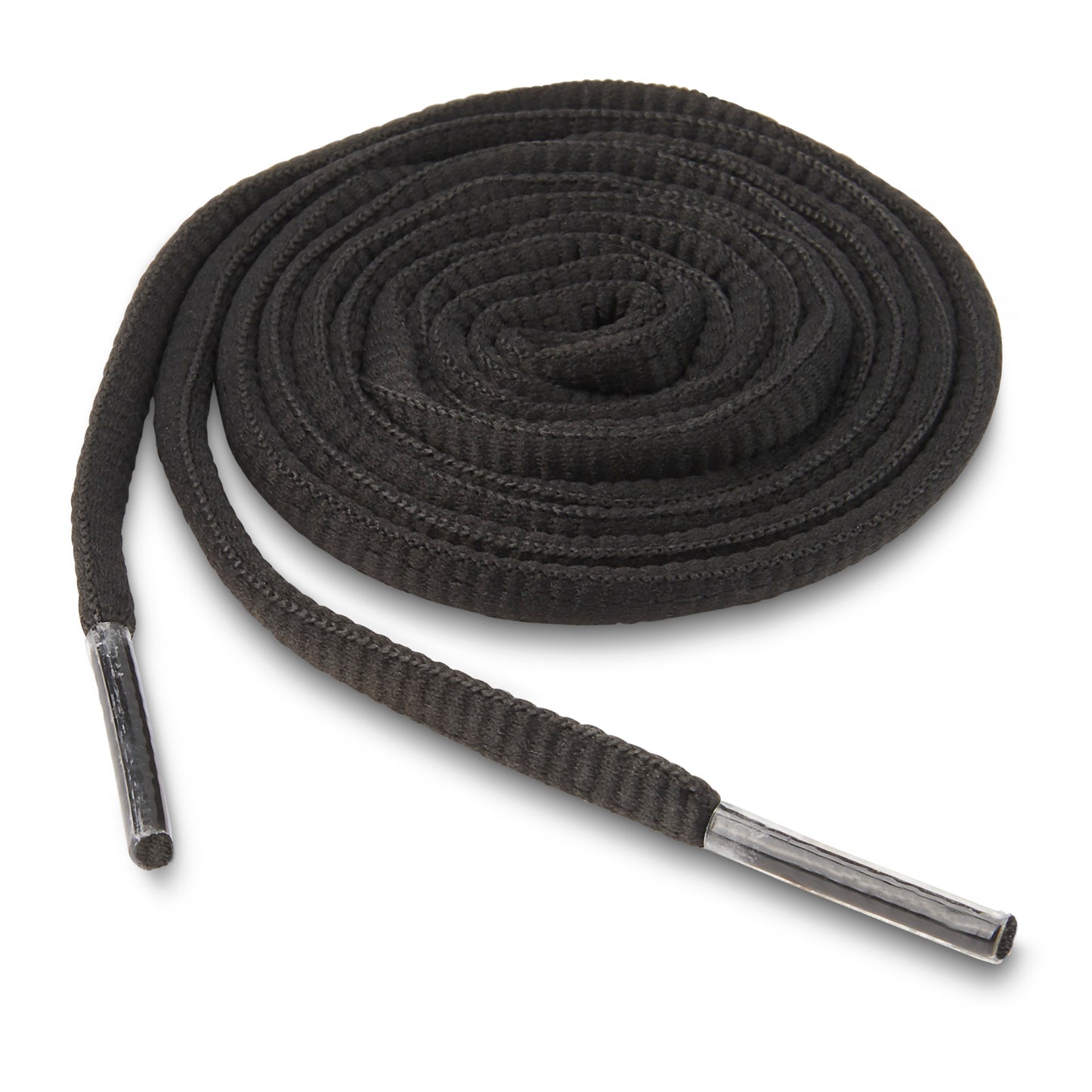 A black shoelace is coiled on a white surface with metal tips at both ends.