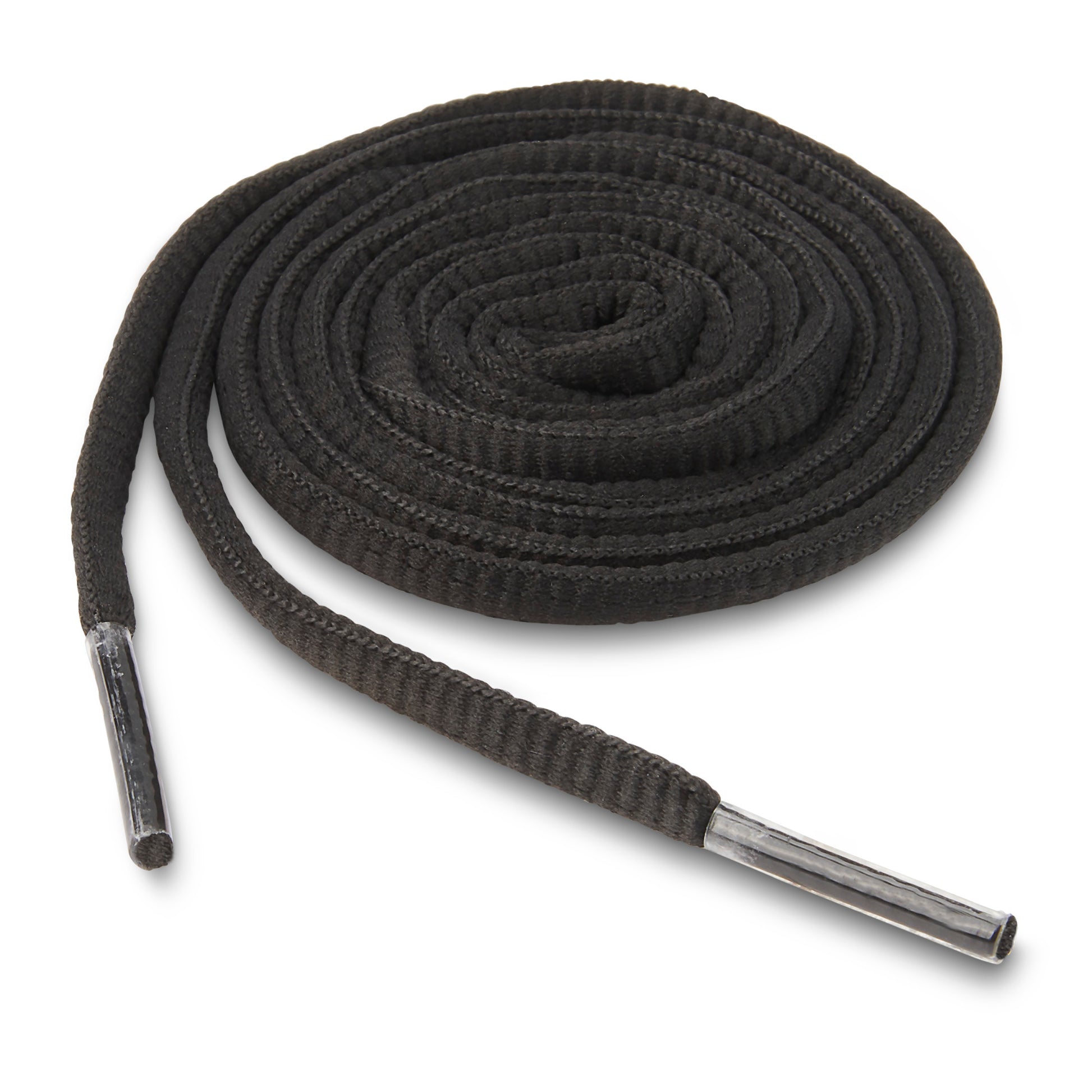 A black shoelace is coiled on a white surface with metal tips at both ends.