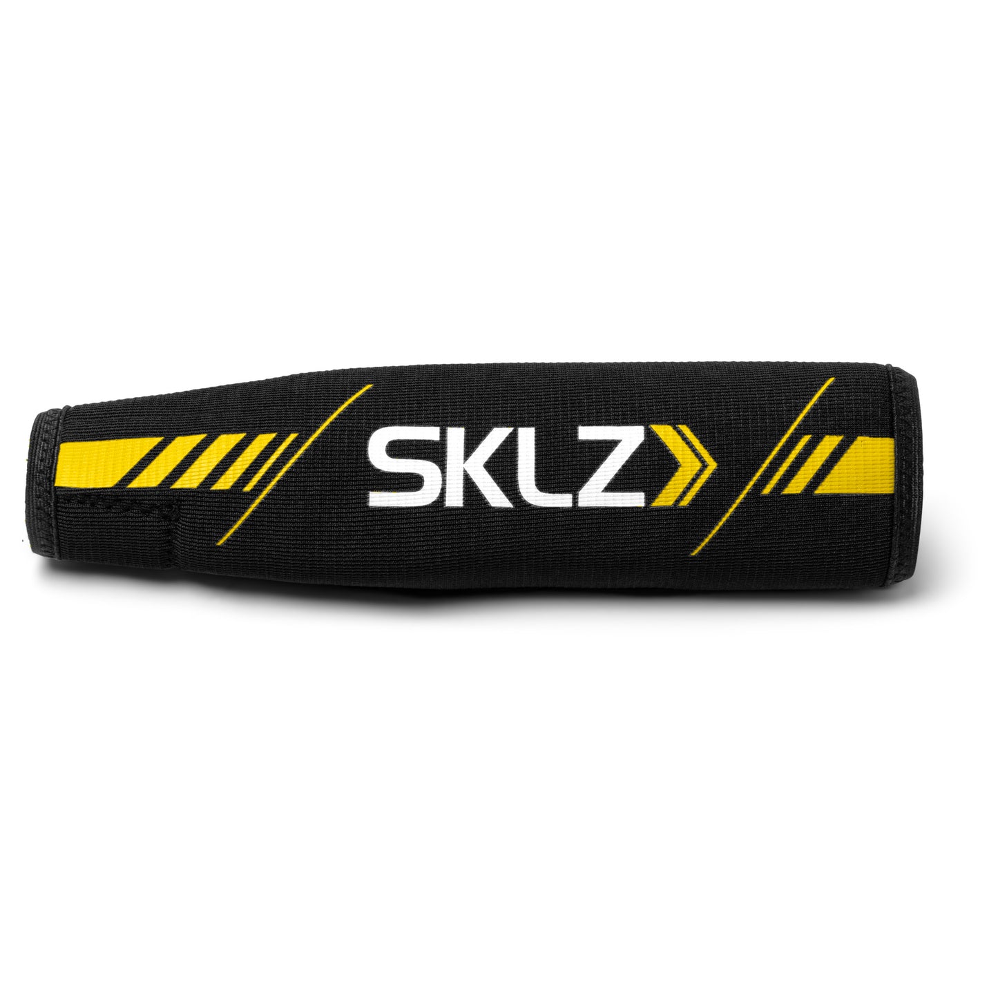 A black and yellow sports arm sleeve with SKLZ branding on a plain white background.