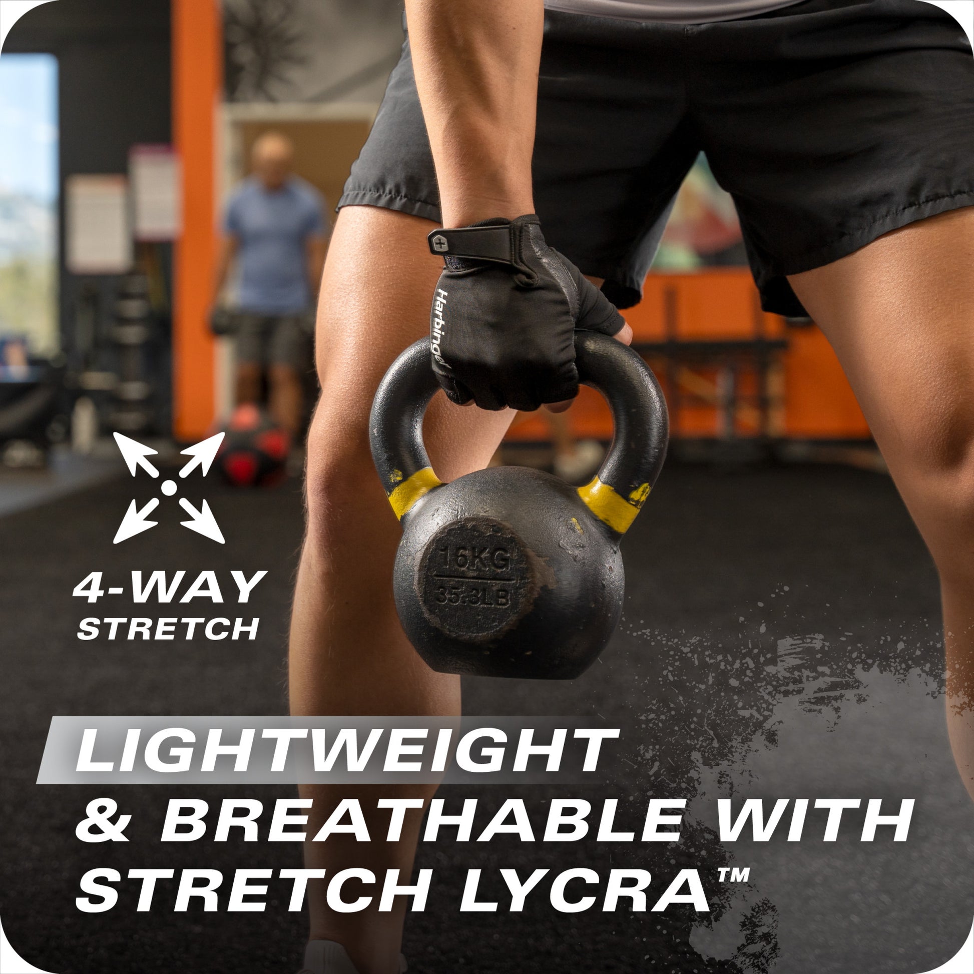 Person lifts a kettlebell in a gym with a focus on grip and wrist support.