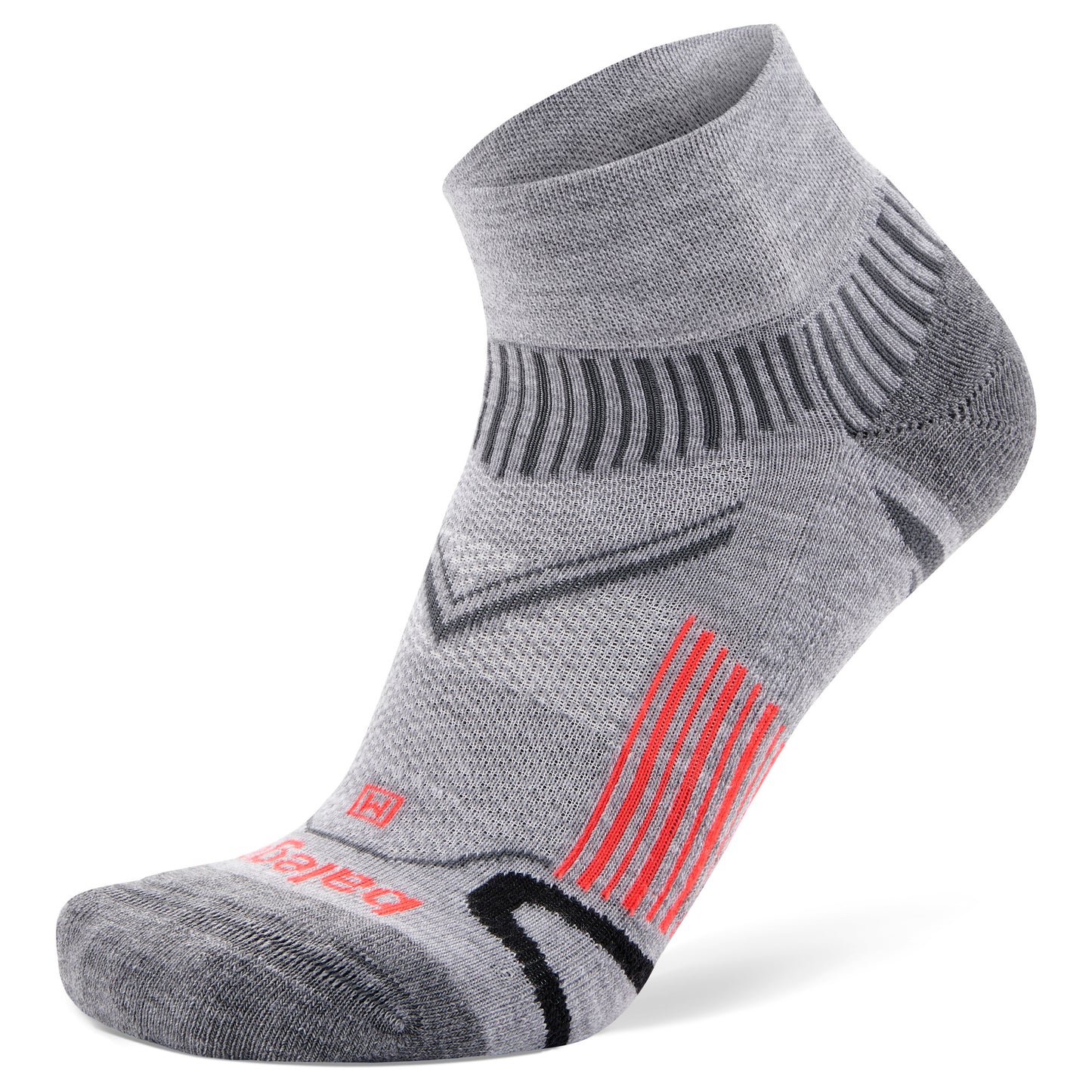 A gray athletic sock displays red and black stripes on a white background with brand markings