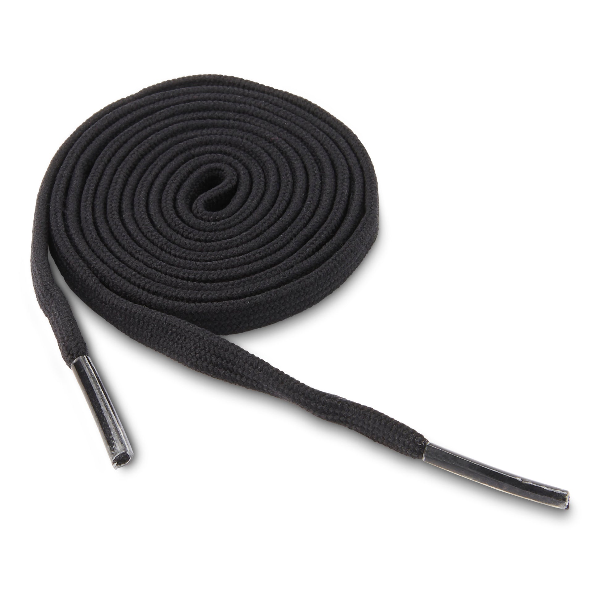 The shoelace is coiled and lying on a white surface.