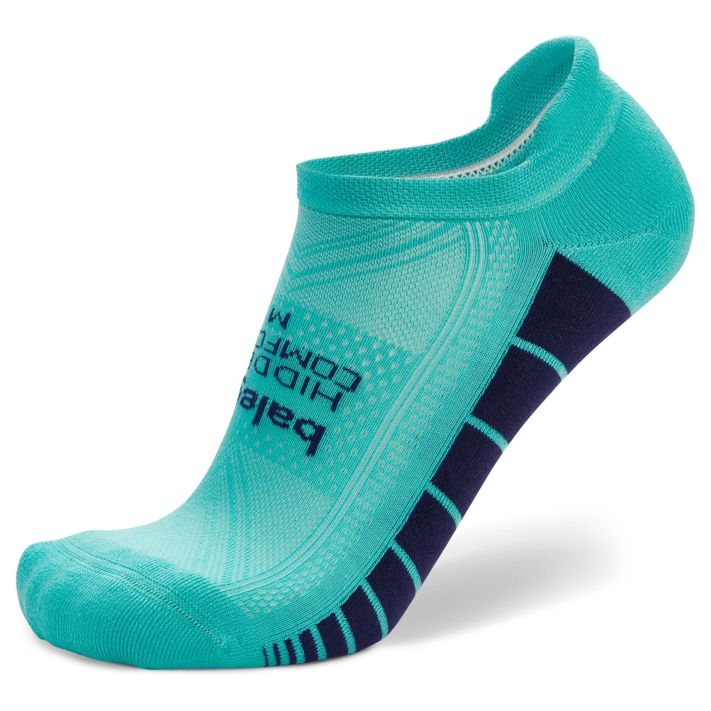 A teal running sock with black branding, positioned on a white background for display.
