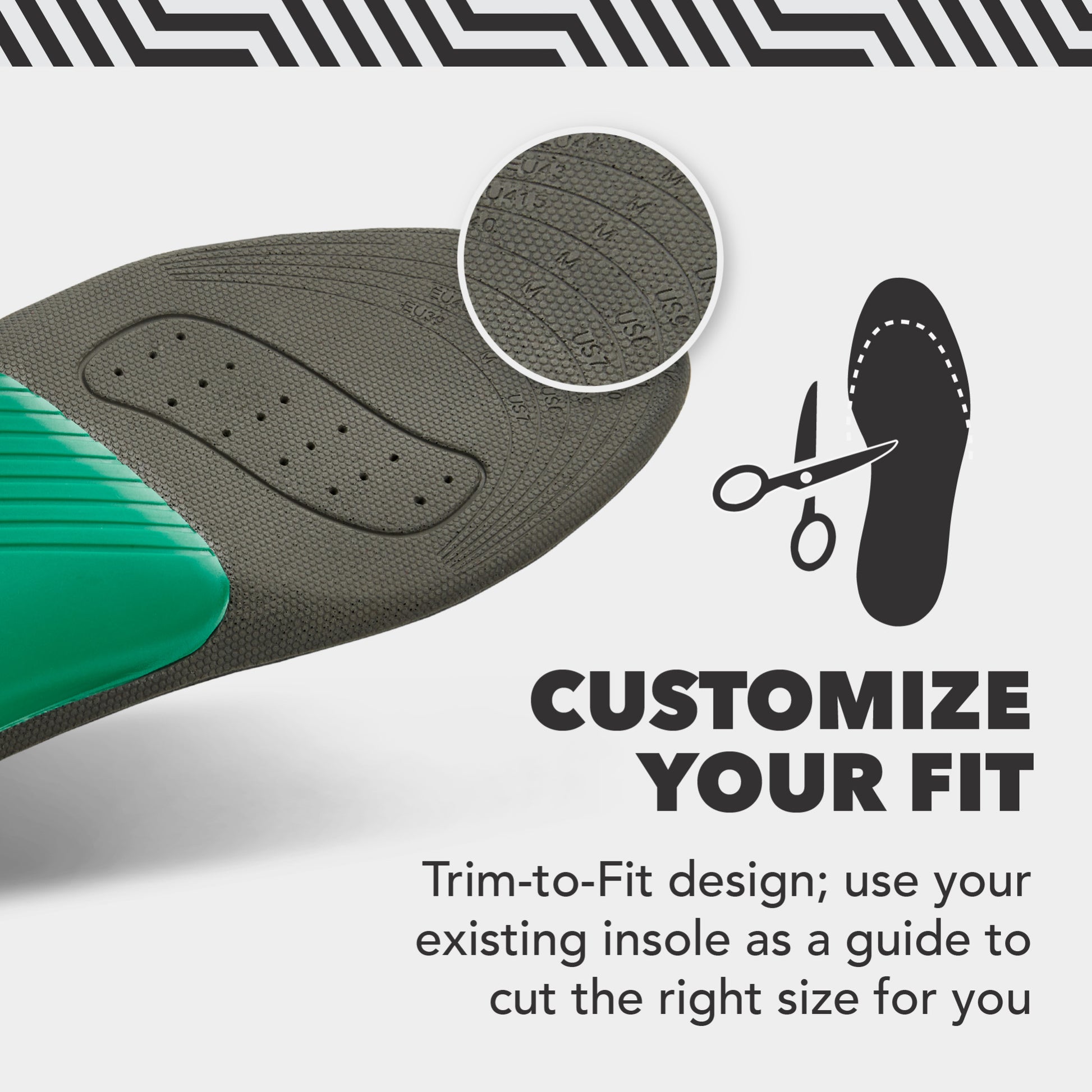 Insole being trimmed; scissors shown with diagram; customize for perfect fit.