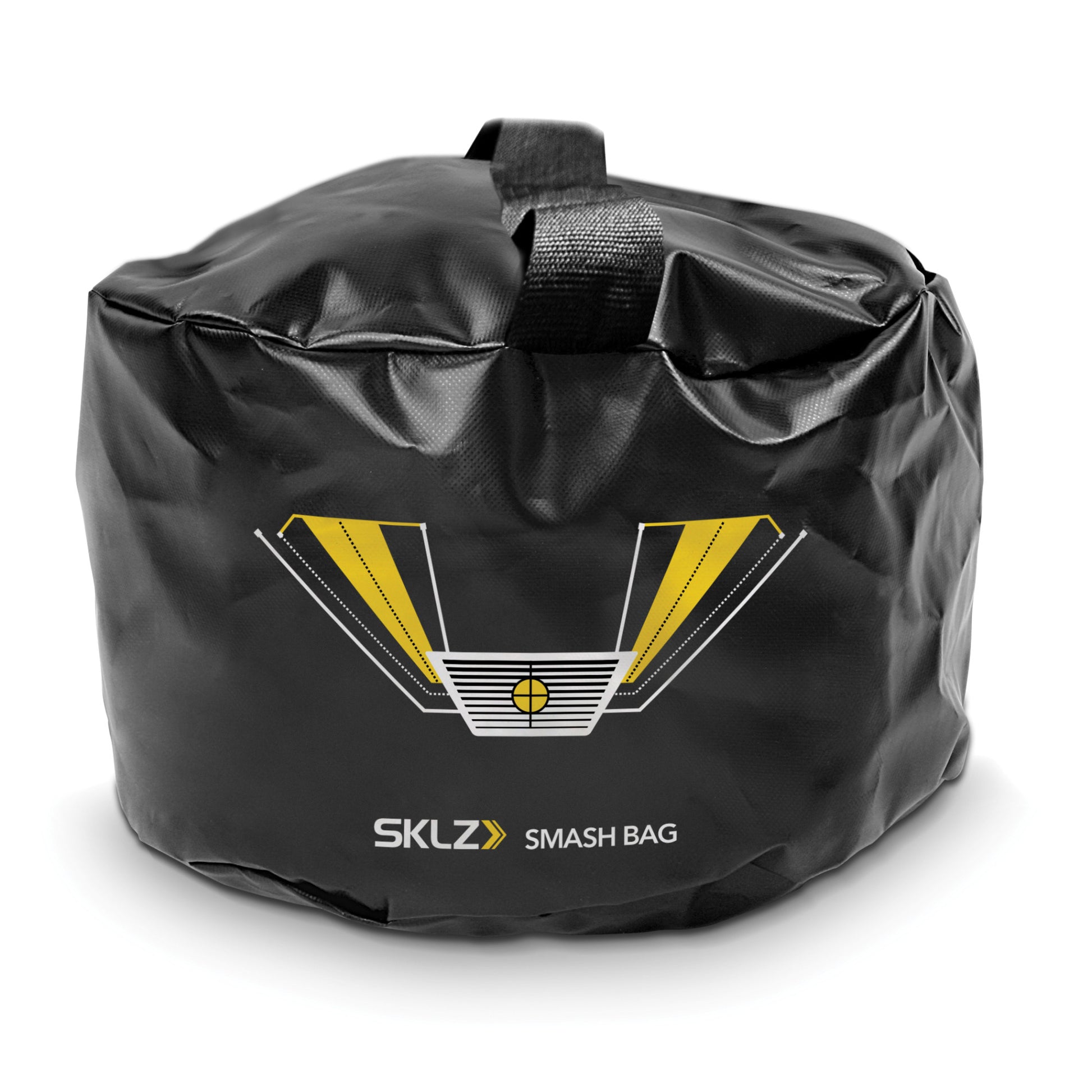 A black smash bag with a yellow and white baseball graphic on a white background
