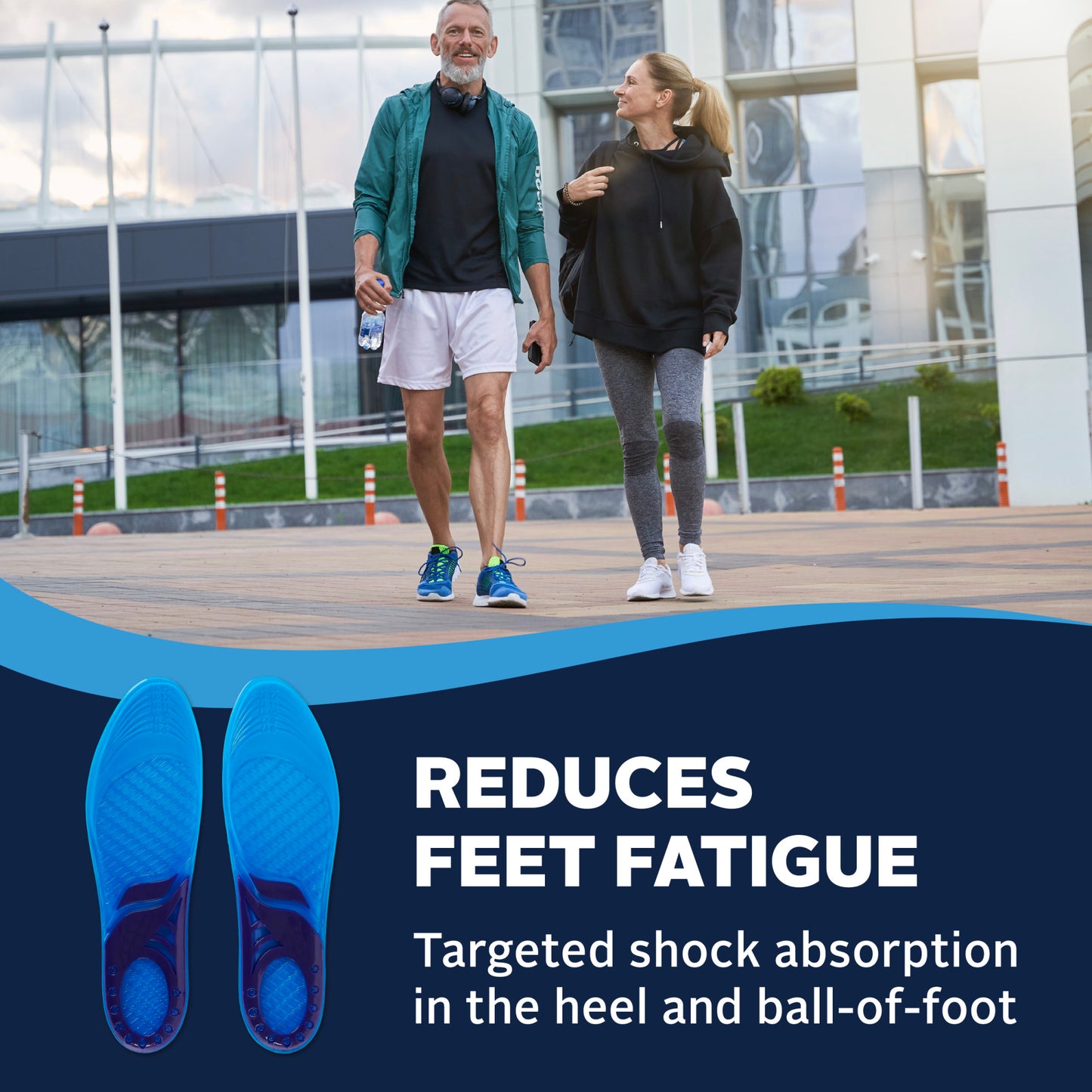 People walk outdoors near modern buildings, promoting shoes that reduce feet fatigue through heel shock absorption.