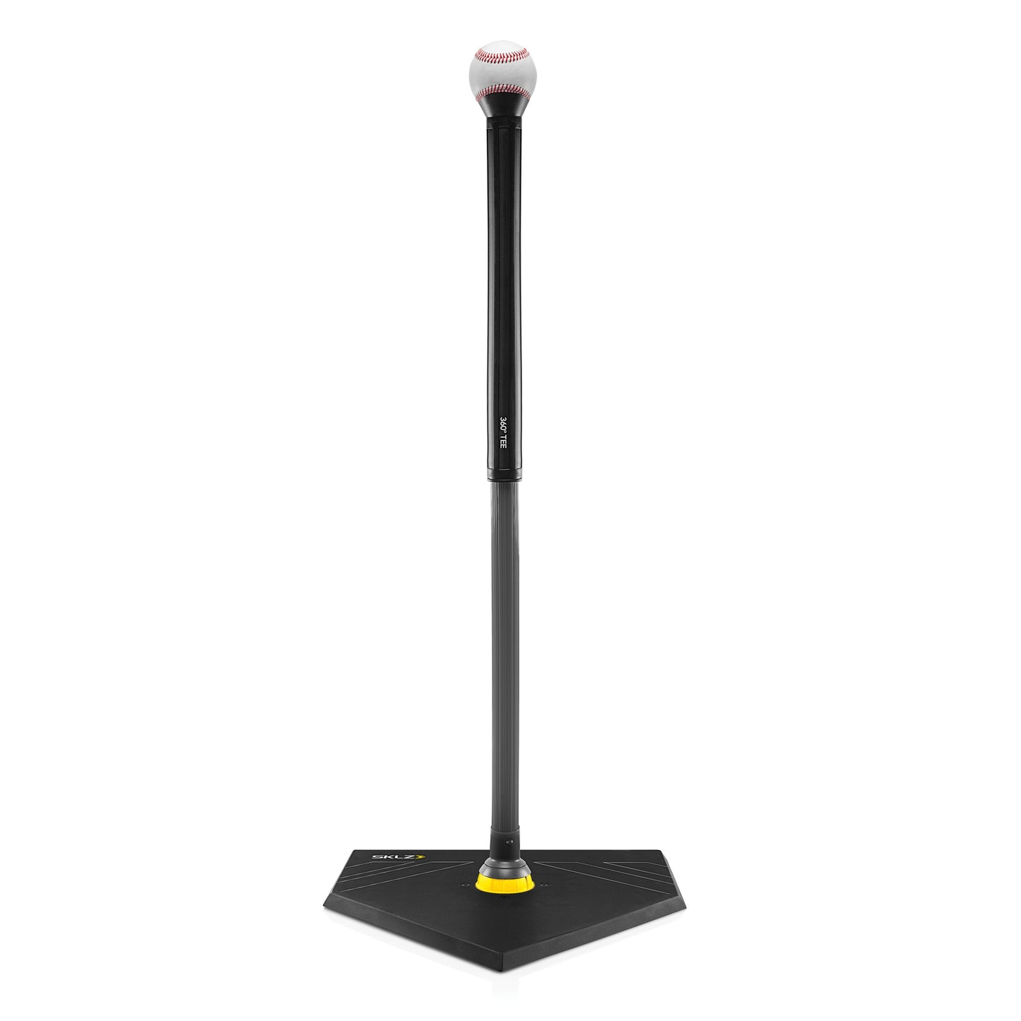 A baseball on a black bat mounted on a stand representing home plate for testing