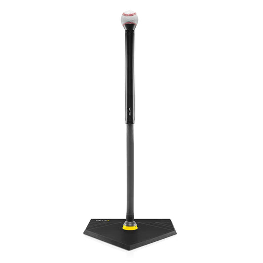 A baseball on a black bat mounted on a stand representing home plate for testing