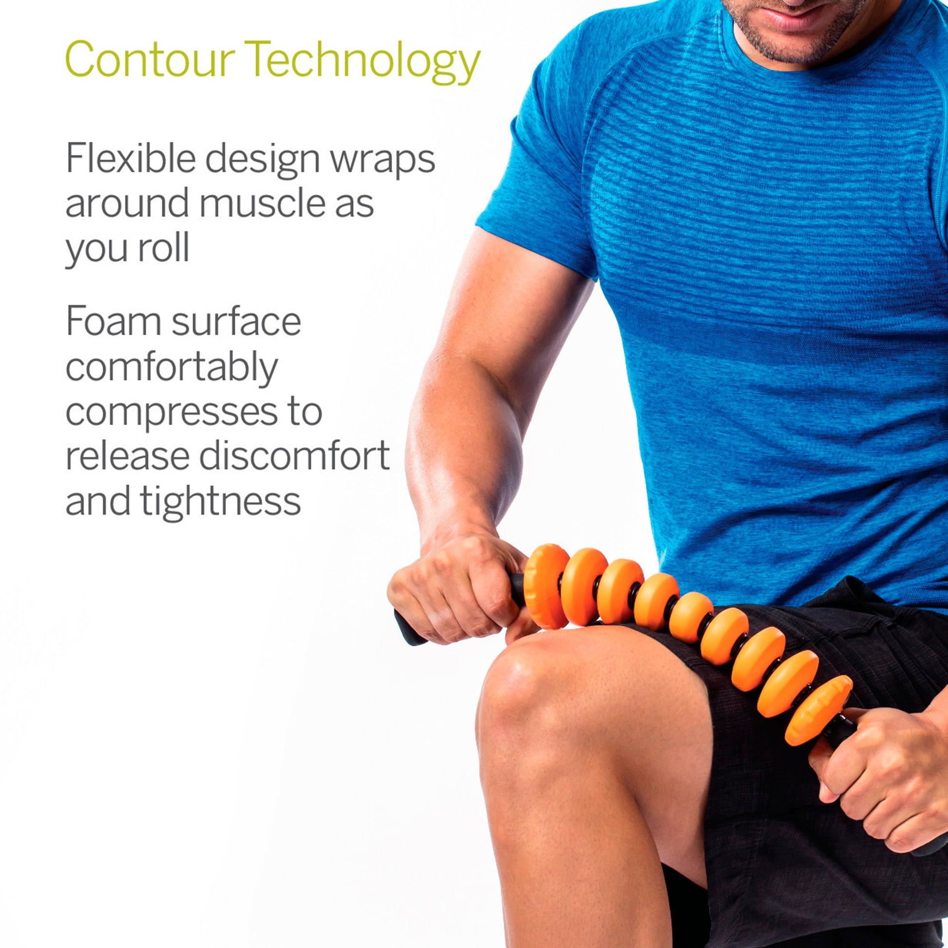 A person uses a massage roller on their thigh amidst a fitness environment.
