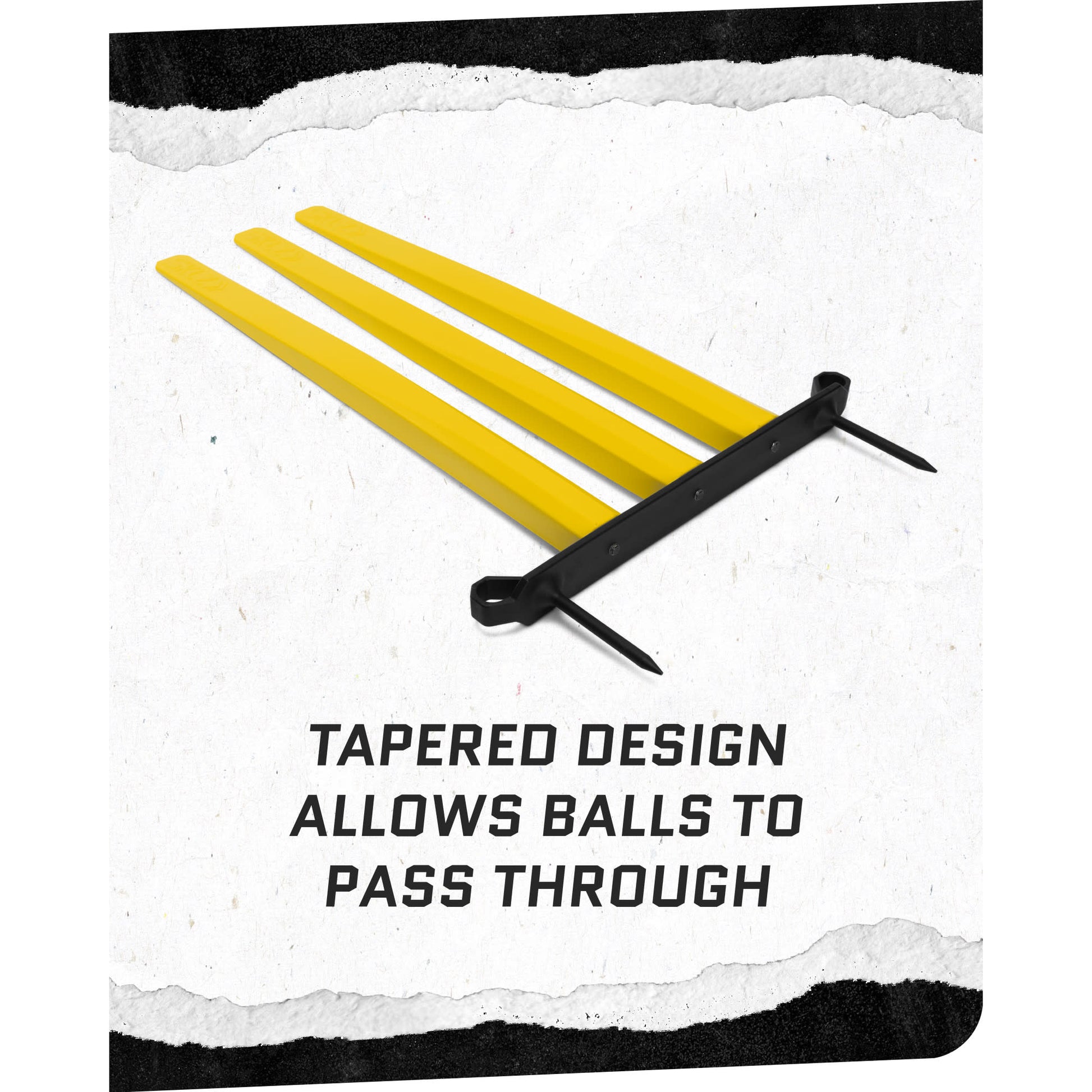 Flat view of SKLZ Cricket 3 Stumps Flexi-Set on a white background with overlay text highlighting tapered design for pass through of balls